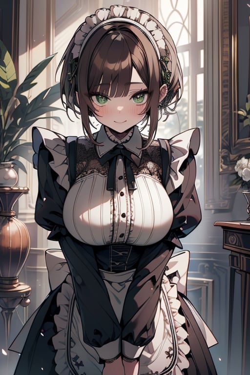 adult woman, big breasts, maid outfit, rich person outfit, friendly look, green eyes, brown hair, tall, mature,More Detail,Masterpiece, detailed, high quality, absurdres, short-hair, happy_face.