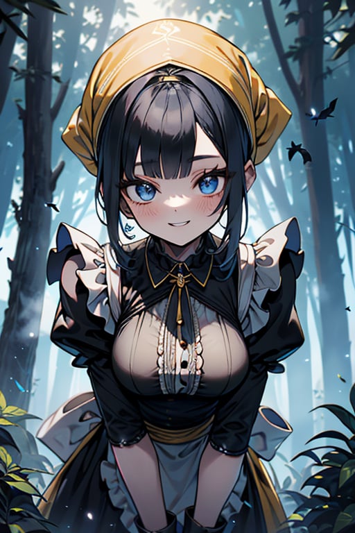 dark blue hair, blue eyes, yellow maid outfit, friendly face, a black spandex that covers her entire body, headscarf, killer, happy smile, bangs, in the forest at night, masterpiece, detailed, high quality, absurd, the strongest human of all, bearer of the world's hope, short hair, black lycra, black pantyhouse, masterpiece, excellent quality, excellent quality, perfect face, medium breasts

