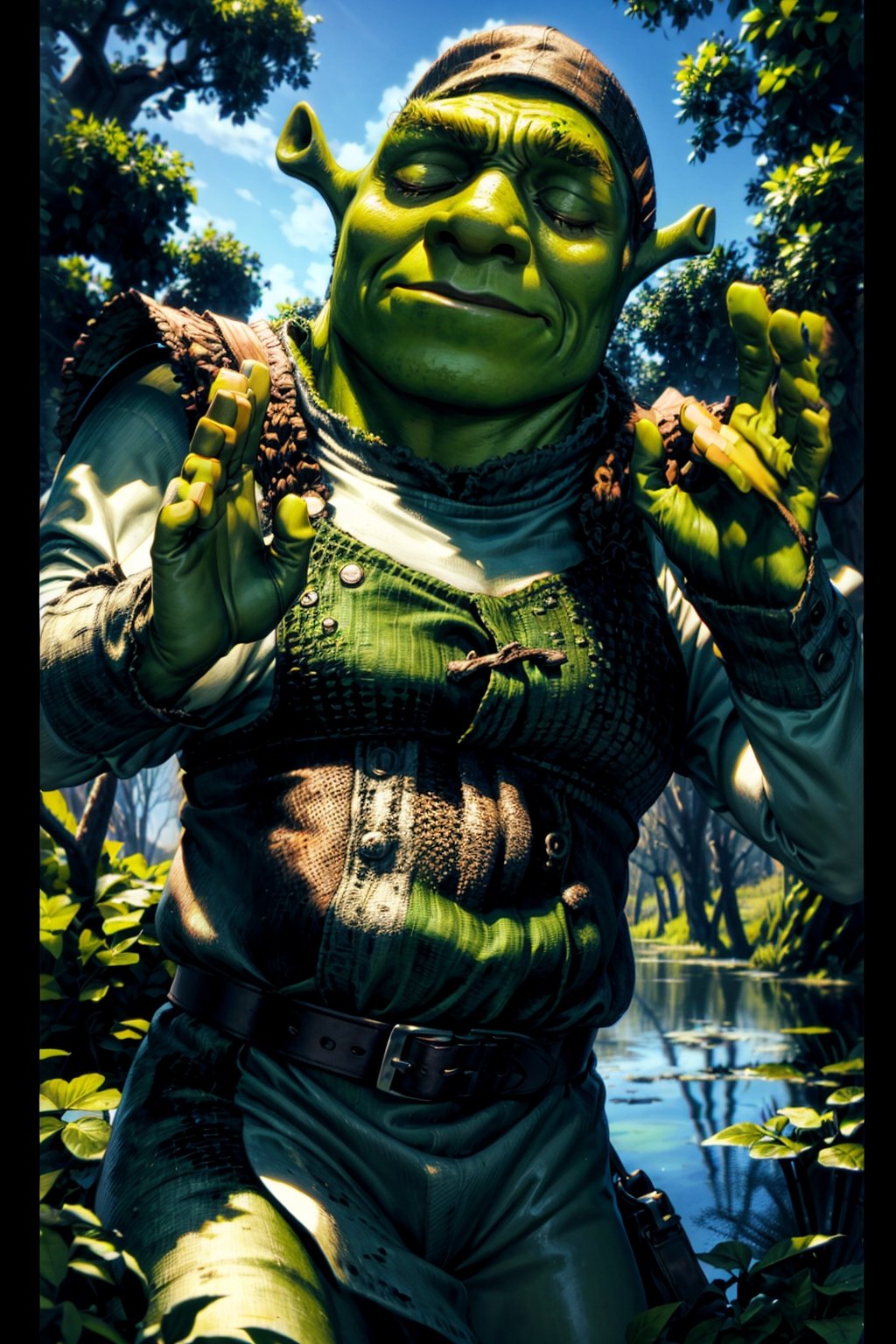 Highly detailed, High Quality, MasterPiece, beautiful, (medium long shot), 1person, solo, shrek, PachaMeme, (eyes closed, green skin, green hands, brown coat, white tunic, brown belt, brown pants, swamp, swamp trees, detailed background, blue sky, day)