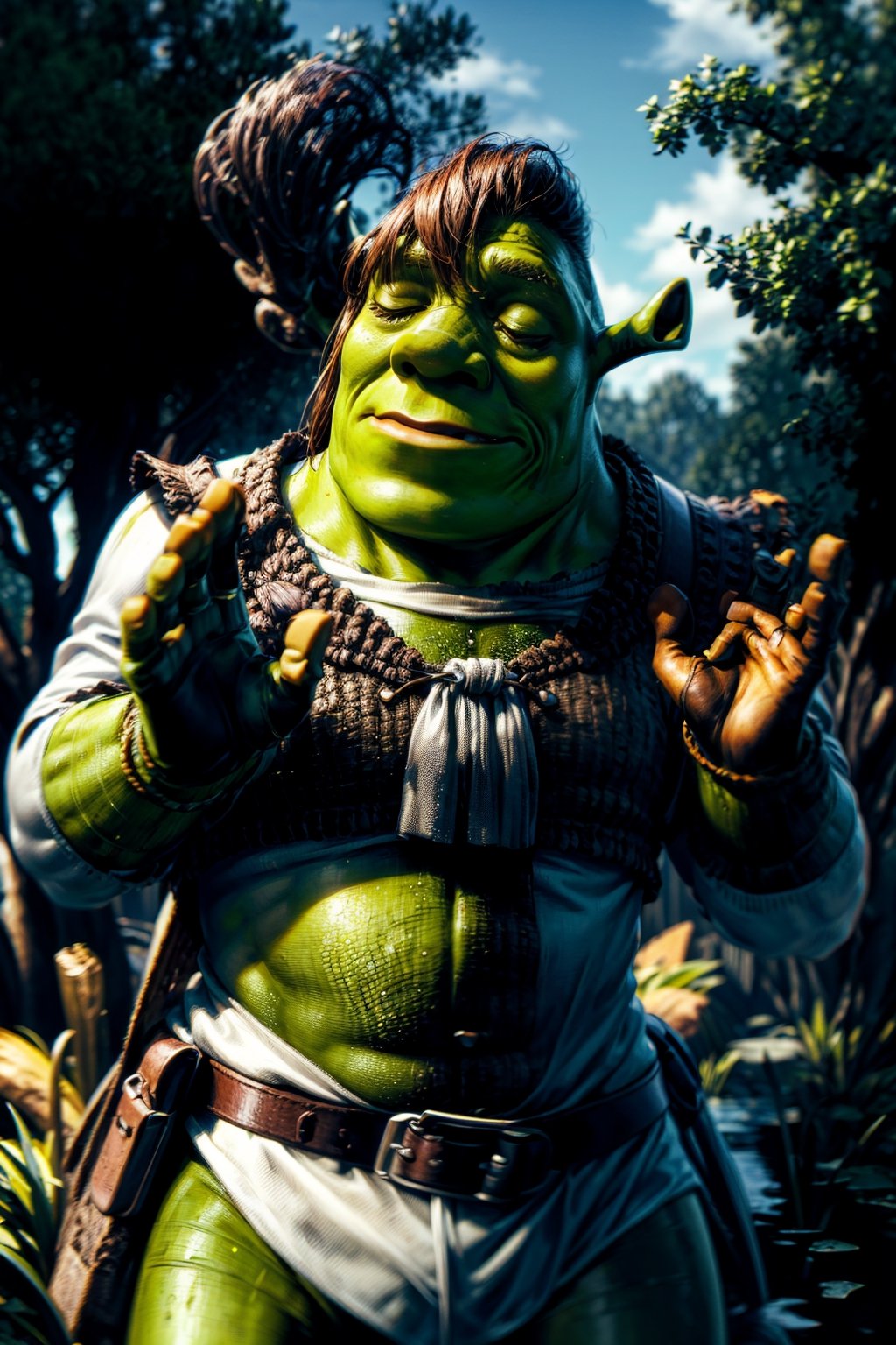 Highly detailed, High Quality, MasterPiece, beautiful, (medium long shot), 1person, solo, shrek, PachaMeme, (eyes closed, green skin, green hands, brown coat, white tunic, brown belt, brown pants, swamp, swamp trees, detailed background, blue sky, day)