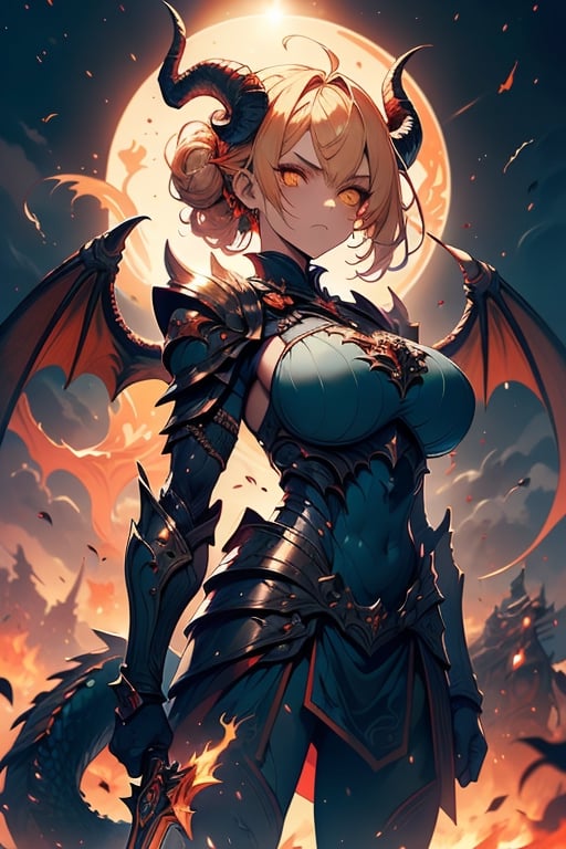 dragon wings, scaly skin, bright blonde hair, arrogant, serious, powerful, mother of the Yuumil, goddess of order, strongest dragon goddess, proud, goat horns, red horns, dragon hands, dragon legs, covered body by scales, armor, short hair, big wings, dragonborn, goddess of order and battles, masterpiece, detailed, high quality, absurd, very high resolution, good quality image, high definition, serious face, annoying, warrior, Order ,good quality eyes, high resolution eyes, defined eyes, sharp eyes, orange eyes, armor that covers everything,face with good resolution,breast armor,orange armor,hair up with braids,dragon tail,over the sun, sword of order with a orange glow, radiant figure,magma armor.
