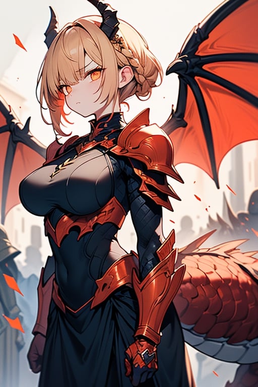 dragon wings, scaly skin, bright blonde hair, arrogant, serious, powerful, mother of the Yuumil, goddess of order, strongest dragon goddess, proud, goat horns, red horns, dragon hands, dragon legs, covered body by scales, armor, short hair, big wings, dragonborn, goddess of order and battles, masterpiece, detailed, high quality, absurd, very high resolution, good quality image, high definition, serious face, annoying, warrior, Order ,good quality eyes, high resolution eyes, defined eyes, sharp eyes, orange eyes, armor that covers everything,face with good resolution,breast armor,orange armor,hair up with braids,dragon tail,over the sun, sword of order with a orange glow, radiant figure,magma armor.
