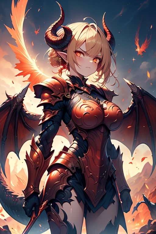 dragon wings, scaly skin, bright blonde hair, arrogant, serious, powerful, mother of the Yuumil, goddess of order, strongest dragon goddess, proud, goat horns, red horns, dragon hands, dragon legs, covered body by scales, armor, short hair, big wings, dragonborn, goddess of order and battles, masterpiece, detailed, high quality, absurd, very high resolution, good quality image, high definition, serious face, annoying, warrior, Order ,good quality eyes, high resolution eyes, defined eyes, sharp eyes, orange eyes, armor that covers everything,face with good resolution,breast armor,orange armor,hair up with braids,dragon tail,over the sun, sword of order with a orange glow, radiant figure,magma armor.
