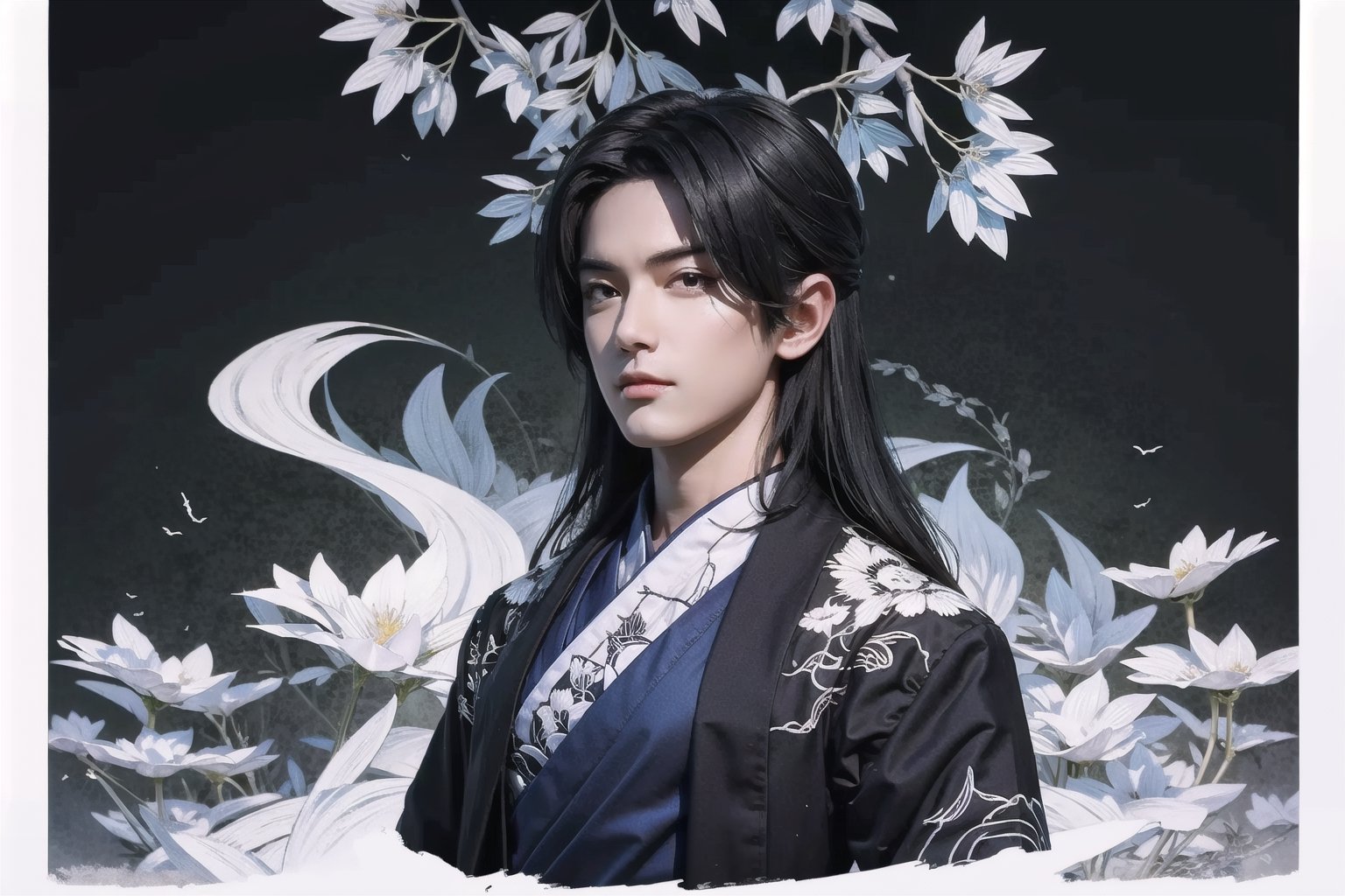 ultra detailed young man with long hair wearing detailed and intricate xianxia ancient clothes, in a detailed ginkgo garden, onmyoji portrait, glowy red smoke, illustration, traditional chinese art merged with art nouveau, ink lines, 32k resolution, best quality