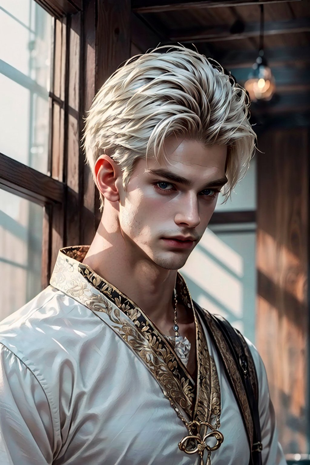 (extreamly delicate and beautiful:1.2), 8K, (tmasterpiece, best:1.0), , (LONG_HAIR_MALE:1.5), Upper body, a long_haired male, cool and seductive, evil_gaze, (wears white hanfu:1.2), and intricate detailing, and intricate detailing, finely eye and detailed face, Perfect eyes, Equal eyes, Fantastic lights and shadows、white room background、 Uses backlight and rim light,(MkmCut)