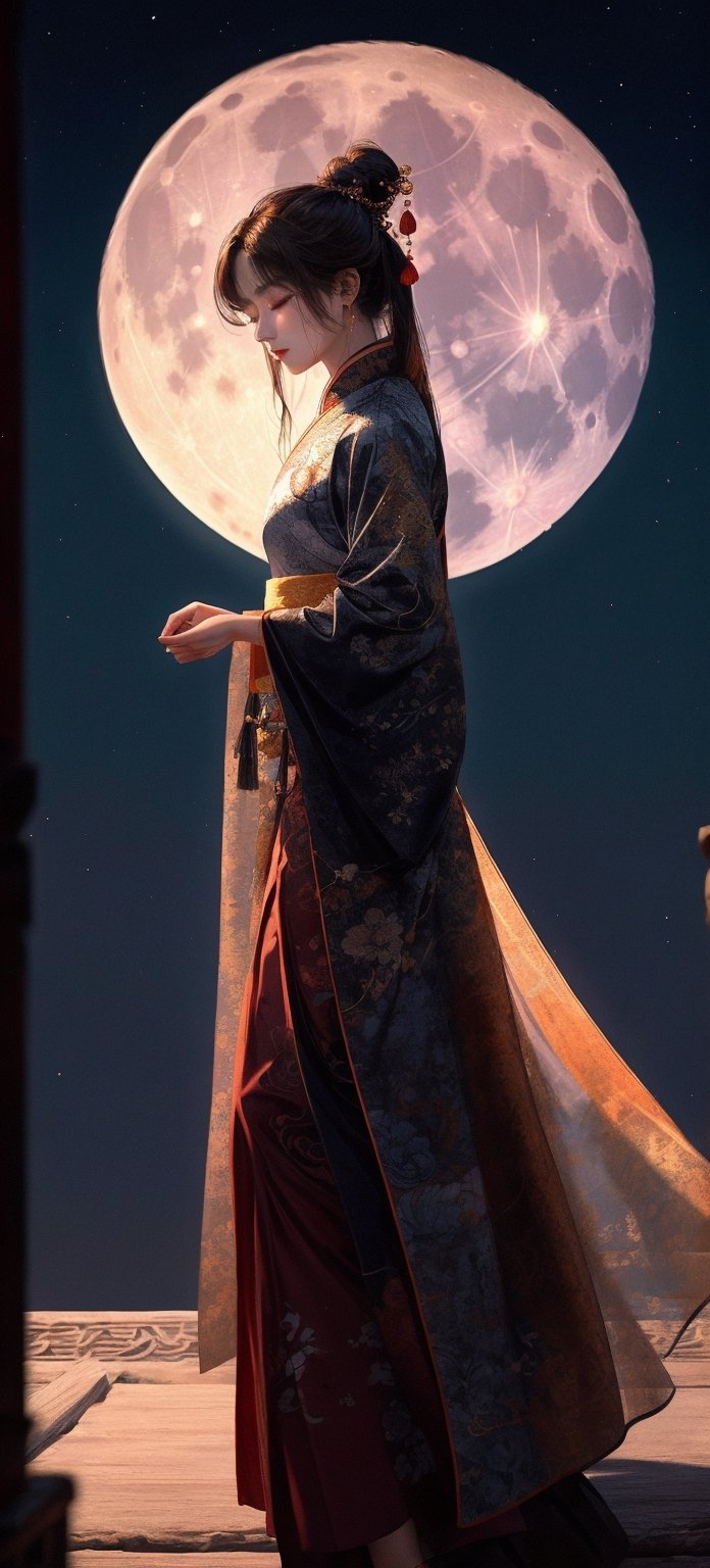 In this artwork, set against the backdrop of a moonlit night, we see a brunette woman dressed in traditional Chinese Hanfu attire, such as a flowing robe. She stands gracefully, her silhouette blending seamlessly with the radiance of a full moon, symbolizing her harmonious connection with nature. Her image is carefully overlaid with that of the moon, blurring the lines between the human and celestial.celestial.