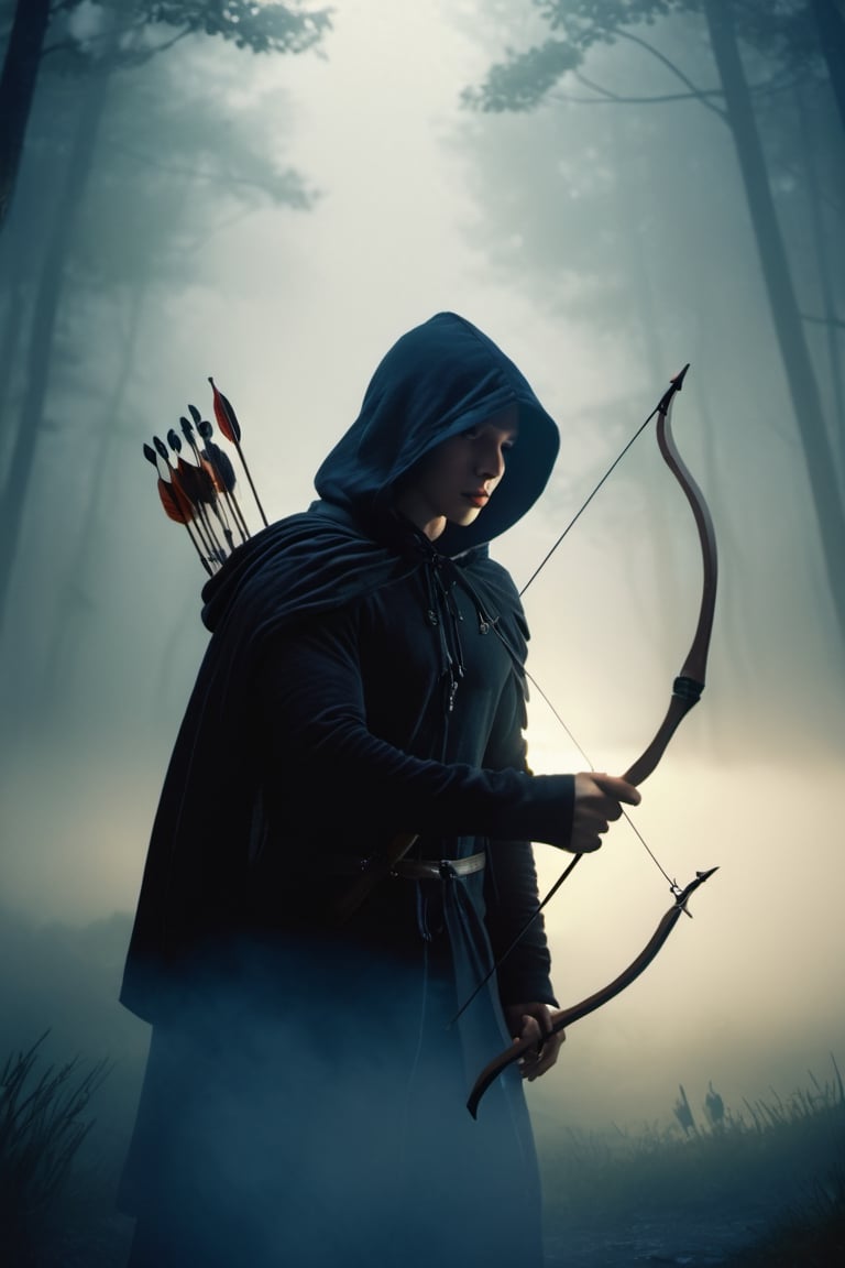 Dark killer. hood. in the evening. White horse. Holding bow and arrow in hand. Moving fog. Realistic depiction of dim light and shadow, Fresnel lighting, produced by daz3d, ,, 