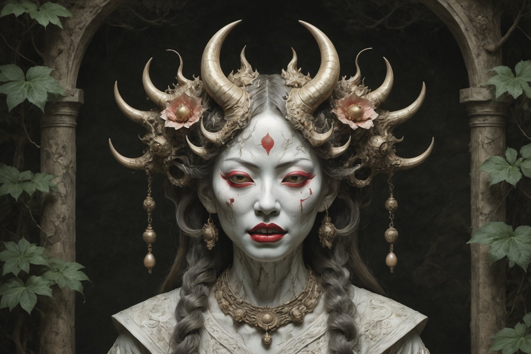 symmetrical portrait of surreal abandoned sculpture of white japanese female stunning Tengu (with a splashing coloration of Alberto Seveso and Basil Gogos), ((Wild crazy long hair)), dream - like heavy mysterious atmosphere,in an abandoned japanese overgrown shrine, perfect composition,beautiful detailed intricate insanely detailed octane,unreal engine 5,8k artistic photography,photo realistic,soft natural volumetric cinematic perfect light,chiaroscuro,award - winning photography, ((tsutomu nihei, Bastien Lecouffe Deharme,  iris van herpen and wangechi Mutu)), art forms of nature by ernst haeckel,  art nouveau,  symbolist,  Kinetic Art,  visionary,  gothic,  (((ancient japanese mythical being, Tengu with horns and shapr demon teeth:1.4))),  neo - gothic,  pre - raphaelite,  fractal lace, intricate mythical botanical,  ai biodiversity,  surrealism,  hyper detailed ultra sharp octane render,  (Audrey Kawasaki,  Anna Dittmann:1.4),  known for their captivating and atmospheric pieces. The overall effect of the image is ethereal,  as if the woman is enveloped in glowing stardust created expertly by artist W. Zelmer. The image is of exceptional quality,  showcasing the fine details and masterful blending of colors, folklore, ,on parchment