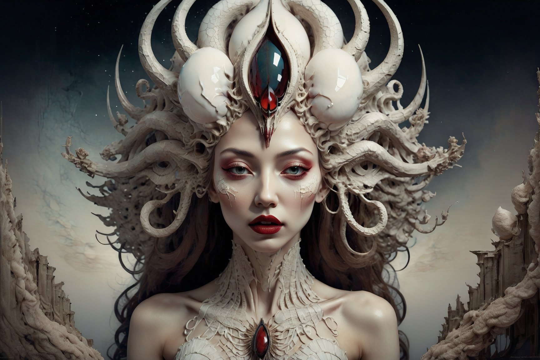 symmetrical portrait of surreal abandoned sculpture of white egyptian horus as female queen with a splashing coloration of Alberto Seveso,  covered with white tentacles white flesh white meat on white exoplanet, soft bloom, dream - like heavy mysterious atmosphere, in the wastelands,  baroque landscape, perfect composition, beautiful detailed intricate insanely detailed octane, unreal engine 5, 8k artistic photography, photo realistic, soft natural volumetric cinematic perfect light, chiaroscuro, award - winning photography,  ((tsutomu nihei,  Bastien Lecouffe Deharme,  iris van herpen and wangechi Mutu)),  art forms of nature by ernst haeckel,  art nouveau,  symbolist,  Kinetic Art,  visionary,  gothic,  (((ancient mythical being:1.4))),  neo - gothic,  pre - raphaelite,  fractal lace,  intricate mythical botanical,  ai biodiversity,  surrealism,  hyper detailed ultra sharp octane render,  (Audrey Kawasaki,  Anna Dittmann:1.4),  known for their captivating and atmospheric pieces. The overall effect of the image is ethereal,  as if the woman is enveloped in glowing stardust,  created expertly by artist W. Zelmer. The image is of exceptional quality,  showcasing the fine details and masterful blending of colors, red lips, a wry smile on her face, she is terrifying,FilmGirl, full_body 