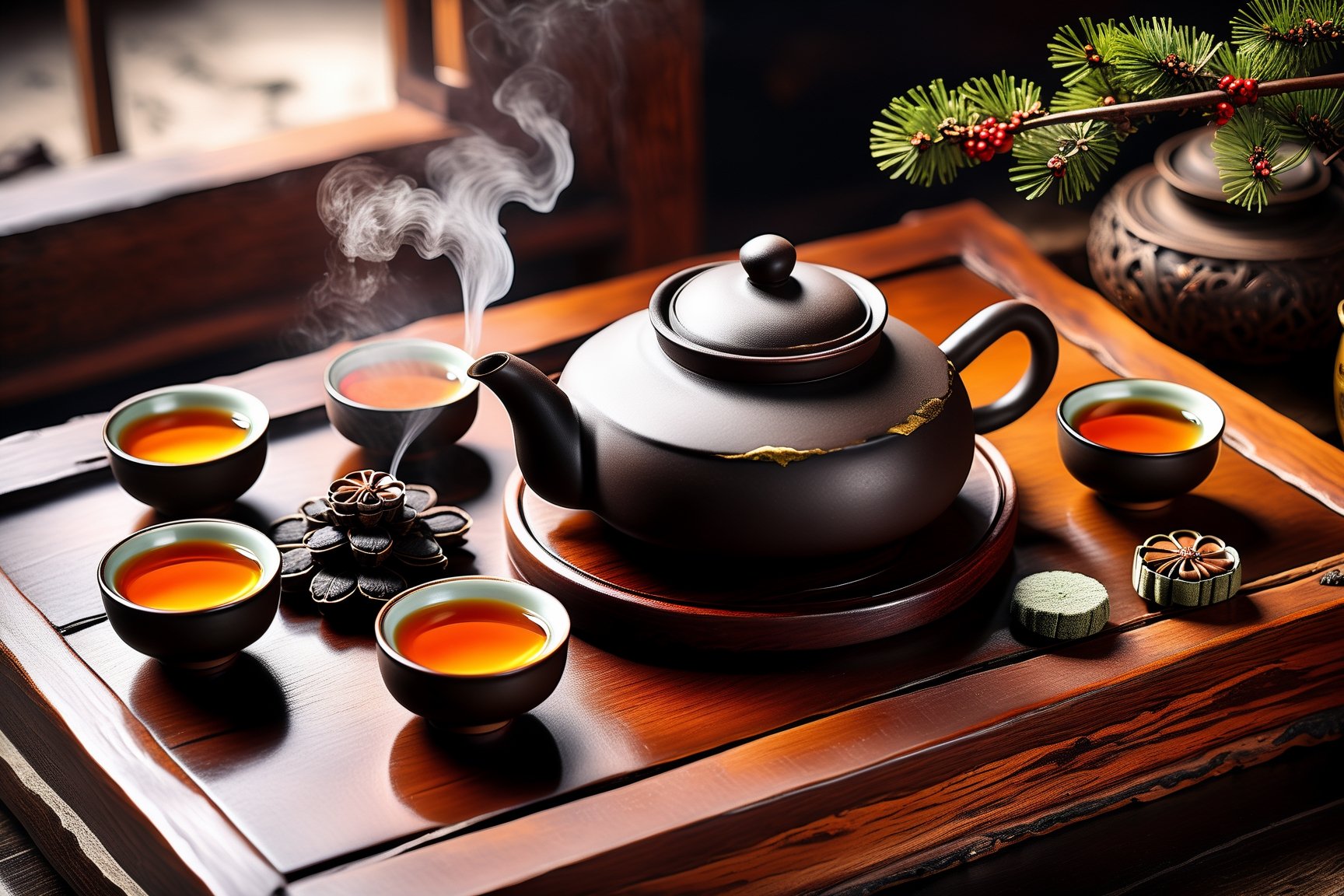 Imagine a traditional chinese tea ceremony with a yellow yixing teapot, small cups, cha hai art like (Jean Baptiste Monge) (shimmering steaming tea ceremony, wooden trays, old rustic dark wooden table:1.4), its smooth surface placed on a stone table covered in snow with pine cones, mistletoe, Fir branches, Pine branchescute snail teapet, (winter feel, teapets, chinese tea ceremony, clay yixing teapot, chinese clay cups of steaming hot pu-erh tea:1.4), ((artfully arranged with a colorful range of traditional chinese sweets)), ((Chinese moon cake and Pu-erh cakes in the Background:1.4)), (photo HDR 8K) ,painting magic,  (splendid environment of tensor art),  perfect contrast,  (correct sharp photorealistic environment),  (highly detailed background),  detailed,  (masterpiece,  best quality:1.3) chuppy_fat:2,  looking viewer,  (Ultrasharp,  8k,  detailed,  ink art,  stunning,  vray tracing,  style raw,  unreal engine),  High detailed , Color magic,  Saturated colors,