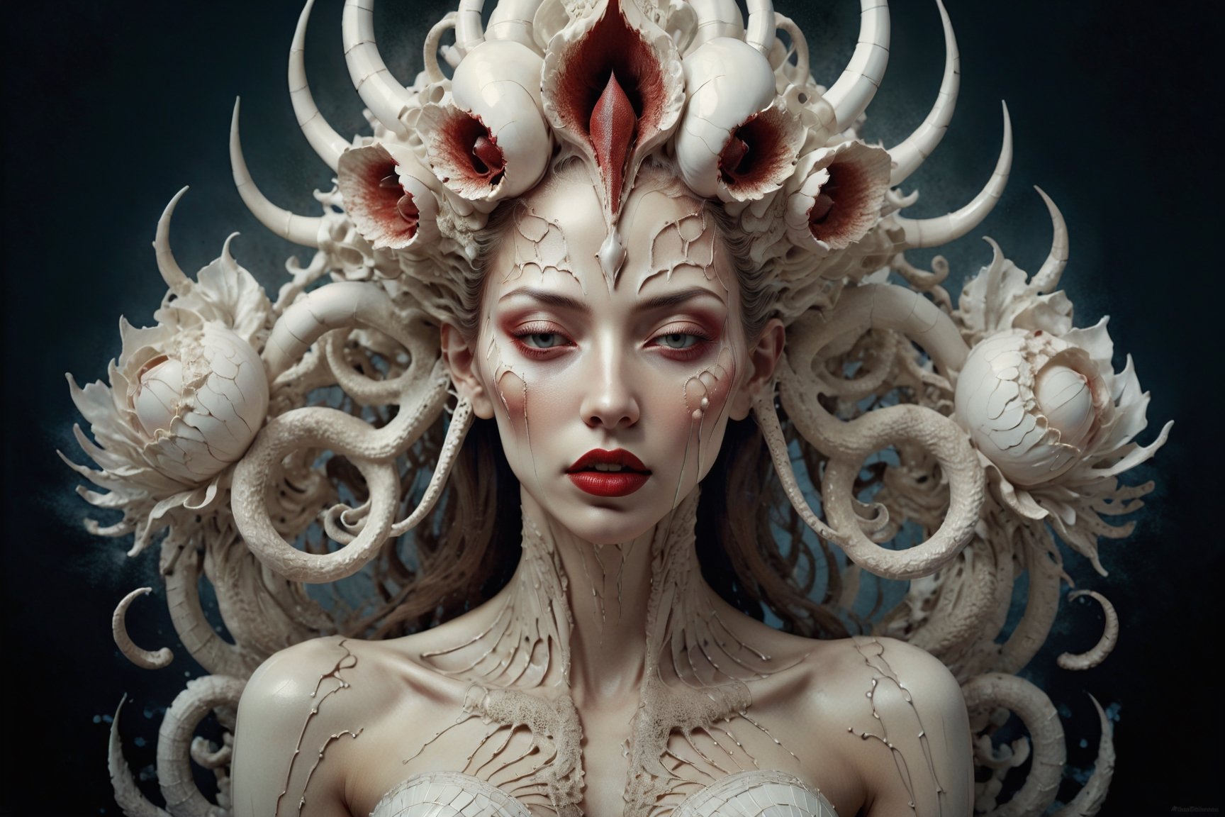 symmetrical portrait of surreal abandoned sculpture of white egyptian horus as female queen with a splashing coloration of Alberto Seveso,  covered with white tentacles white flesh white meat on white exoplanet, soft bloom, dream - like heavy mysterious atmosphere, in the wastelands,  baroque landscape, perfect composition, beautiful detailed intricate insanely detailed octane, unreal engine 5, 8k artistic photography, photo realistic, soft natural volumetric cinematic perfect light, chiaroscuro, award - winning photography,  ((tsutomu nihei,  Bastien Lecouffe Deharme,  iris van herpen and wangechi Mutu)),  art forms of nature by ernst haeckel,  art nouveau,  symbolist,  Kinetic Art,  visionary,  gothic,  (((ancient mythical being:1.4))),  neo - gothic,  pre - raphaelite,  fractal lace,  intricate mythical botanical,  ai biodiversity,  surrealism,  hyper detailed ultra sharp octane render,  (Audrey Kawasaki,  Anna Dittmann:1.4),  known for their captivating and atmospheric pieces. The overall effect of the image is ethereal,  as if the woman is enveloped in glowing stardust,  created expertly by artist W. Zelmer. The image is of exceptional quality,  showcasing the fine details and masterful blending of colors, red lips, a wry smile on her face, she is terrifying,FilmGirl, full_body 