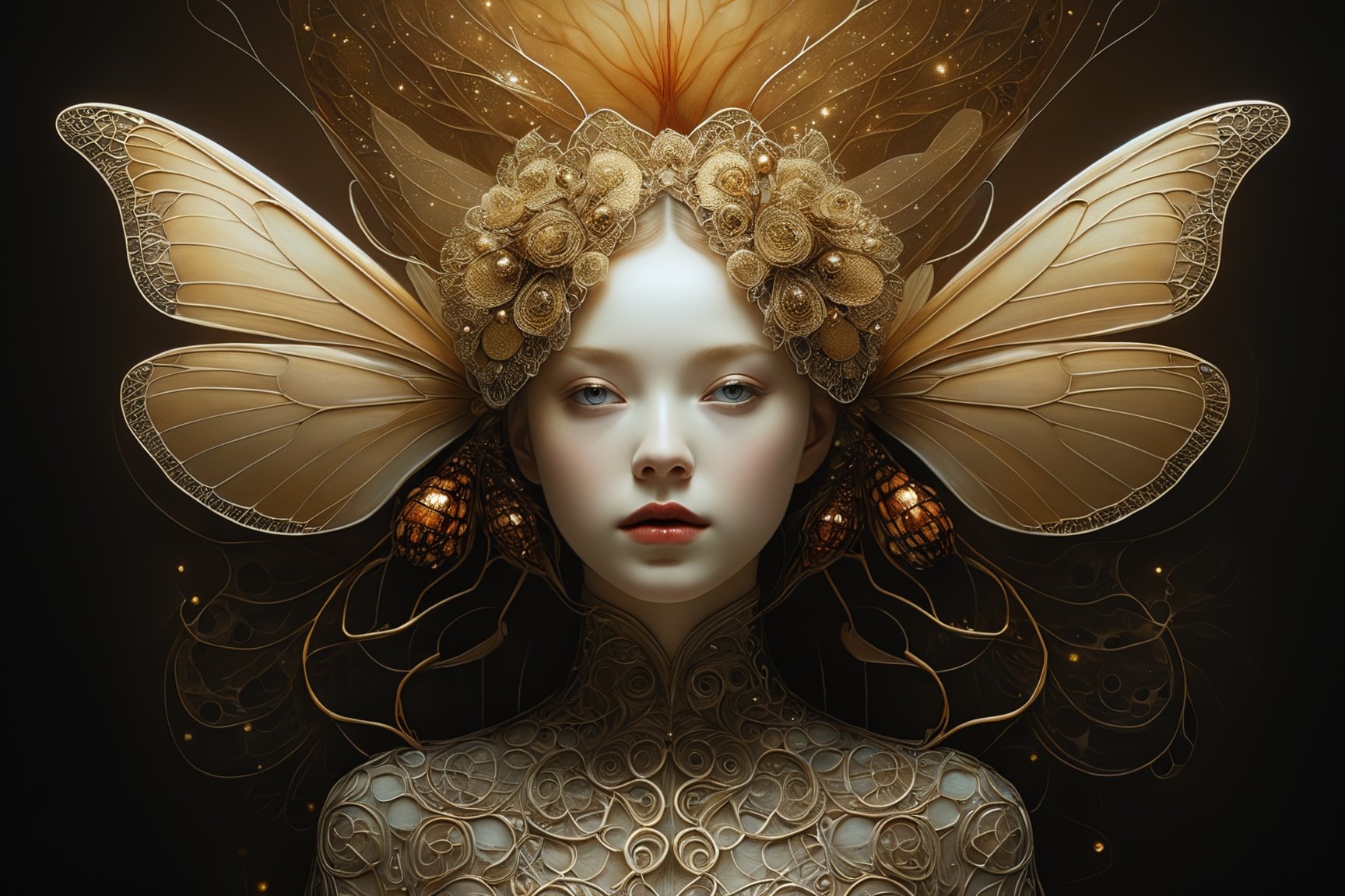 photo RAW, Portrait of ghostly woman with Blackberry Looper Moth features, shiny aura (open impressive eyes), highly detailed, golden filigree, intricate motifs, organic tracery, Kiernan Shipka, Januz Miralles, Audrey Kawasaki, glowing stardust by W. Zelmer, perfect composition, smooth, sharp focus, sparkling particles, decaying wood background Realistic, realism, hd, 35mm photograph, 8k), masterpiece, award winning photography, natural light, perfect composition, high detail, hyper realistic, ((tsutomu nihei, Bastien Lecouffe Deharme, iris van herpen and wangechi Mutu)), art forms of nature by ernst haeckel, art nouveau, symbolist, Kinetic Art, visionary, gothic, (((human insect:1.4))), neo - gothic, pre - raphaelite, fractal lace, intricate mythical botanical, ai biodiversity, surrealism, hyper detailed ultra sharp octane render, (Audrey Kawasaki, Anna Dittmann:1.4), known for their captivating and atmospheric pieces. The image is of exceptional quality, showcasing the fine details and masterful blending of colors, red lips, a wry smile on her face, she is terrifying,FilmGirl, full_body, nsfw,Gric,more detail XL