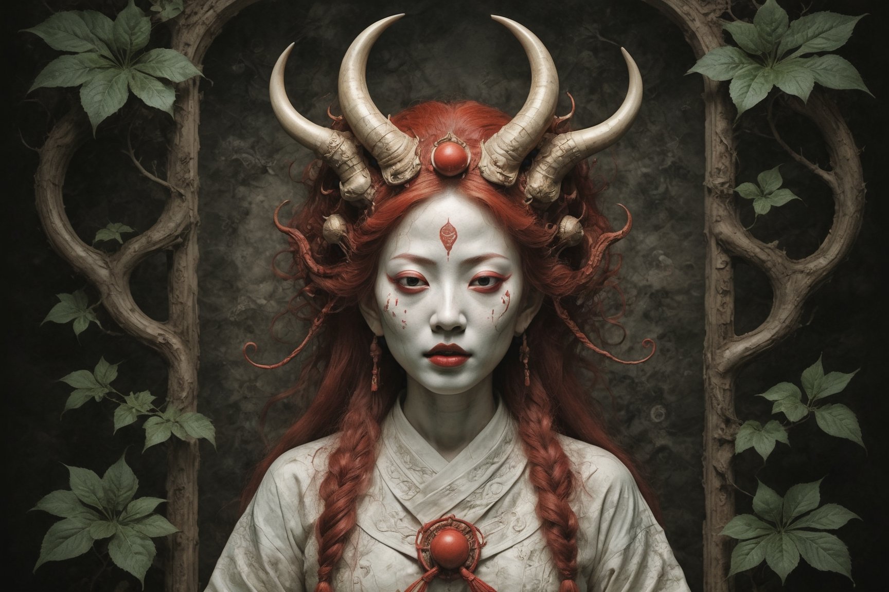 symmetrical portrait of surreal abandoned sculpture of white japanese female stunning sensual Tengu (with a splashing coloration of Alberto Seveso and Basil Gogos), ((Wild crazy long fire red hair)), dream - like heavy mysterious atmosphere,in an abandoned japanese overgrown shrine, perfect composition,beautiful detailed intricate insanely detailed octane,unreal engine 5,8k artistic photography,photo realistic,soft natural volumetric cinematic perfect light,chiaroscuro,award - winning photography, (((tsutomu nihei, Bastien Lecouffe Deharme,  iris van herpen and Ayami Kojima))), art forms of nature by ernst haeckel,  art nouveau,  symbolist,  Kinetic Art,  visionary,  gothic,  (((ancient japanese mythical being, Tengu with horns:1.4))),  neo - gothic,  pre - raphaelite,  fractal lace, intricate mythical botanical,  ai biodiversity,  surrealism,  hyper detailed ultra sharp octane render,  (Audrey Kawasaki,  Anna Dittmann:1.4),  known for their captivating and atmospheric pieces. The overall effect of the image is ethereal,  as if the woman is enveloped in glowing stardust created expertly by artist W. Zelmer. The image is of exceptional quality,  showcasing the fine details and masterful blending of colors, folklore, ,on parchment, Chinese Ghost Story, ((luminescence, iridescent effect))