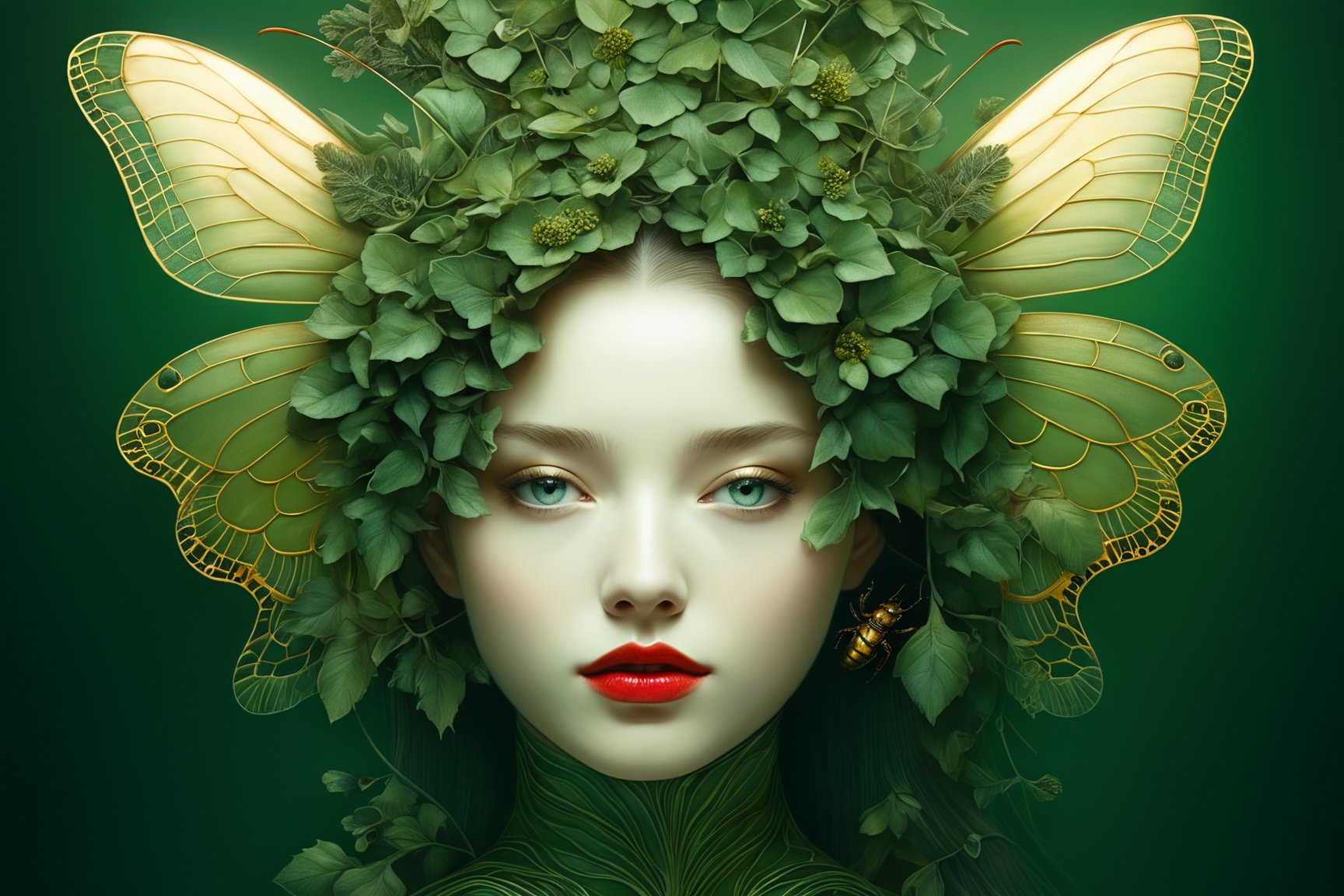 photo RAW, (starbucks green and gold: Portrait of ghostly woman with Blackberry Looper Moth features, shiny aura (open impressive eyes), highly detailed, golden filigree, intricate motifs, organic tracery, Kiernan Shipka, Januz Miralles, Audrey Kawasaki, glowing stardust by W. Zelmer, perfect composition, smooth, sharp focus, sparkling particles, decaying wood background Realistic, realism, hd, 35mm photograph, 8k), masterpiece, award winning photography, natural light, perfect composition, high detail, hyper realistic, ((tsutomu nihei, Bastien Lecouffe Deharme, iris van herpen and wangechi Mutu)), art forms of nature by ernst haeckel, art nouveau, symbolist, Kinetic Art, visionary, gothic, (((human insect:1.4))), neo - gothic, pre - raphaelite, fractal lace, intricate mythical botanical, ai biodiversity, surrealism, hyper detailed ultra sharp octane render, (Audrey Kawasaki, Anna Dittmann:1.4), known for their captivating and atmospheric pieces. The image is of exceptional quality, showcasing the fine details and masterful blending of colors, red lips, a wry smile on her face, she is terrifying,FilmGirl, full_body, nsfw,Gric,more detail XL