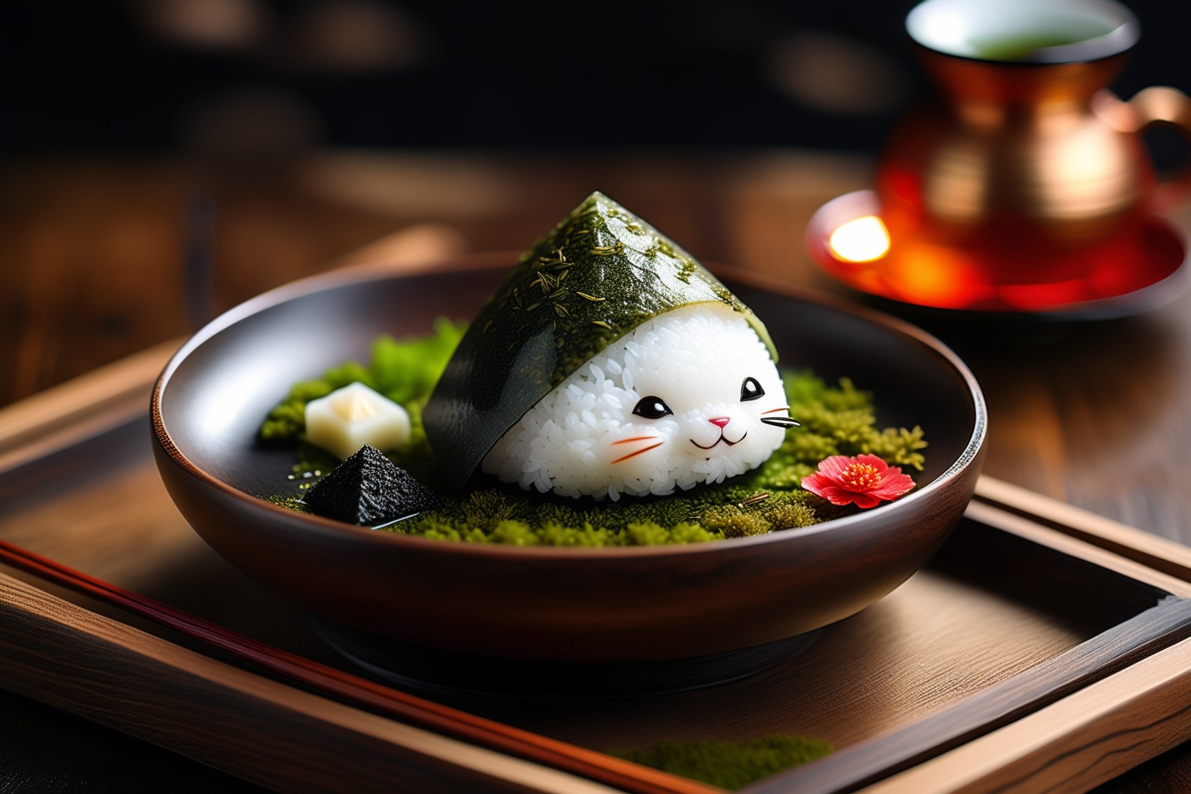 Imagine a chibi kawaii cute onigiri art like (Jean Baptiste Monge) (shimmering rice onigiri with triangular shape and nori seaweed sheet:1.4), its smooth surface, its huge cute eyes perked up in curiosity at it is placed on a crafted wooden tray with sakura leaves and a steaming hot japanese cup of green tea (autumn feel, japanese tea ceremony, cup of steaming hot Sencha green tea:1.4), ((artfully arranged with a colorful range of Wagashi and Wasanbon traditional japanese tea sweets)), (photo HDR 8K) ,painting magic,  (splendid environment of tensor art),  perfect contrast,  (correct sharp photorealistic environment),  (highly detailed background),  detailed,  (masterpiece,  best quality:1.3) chuppy_fat:2,  looking viewer,  (Ultrasharp,  8k,  detailed,  ink art,  stunning,  vray tracing,  style raw,  unreal engine),  High detailed , Color magic,  Saturated colors,