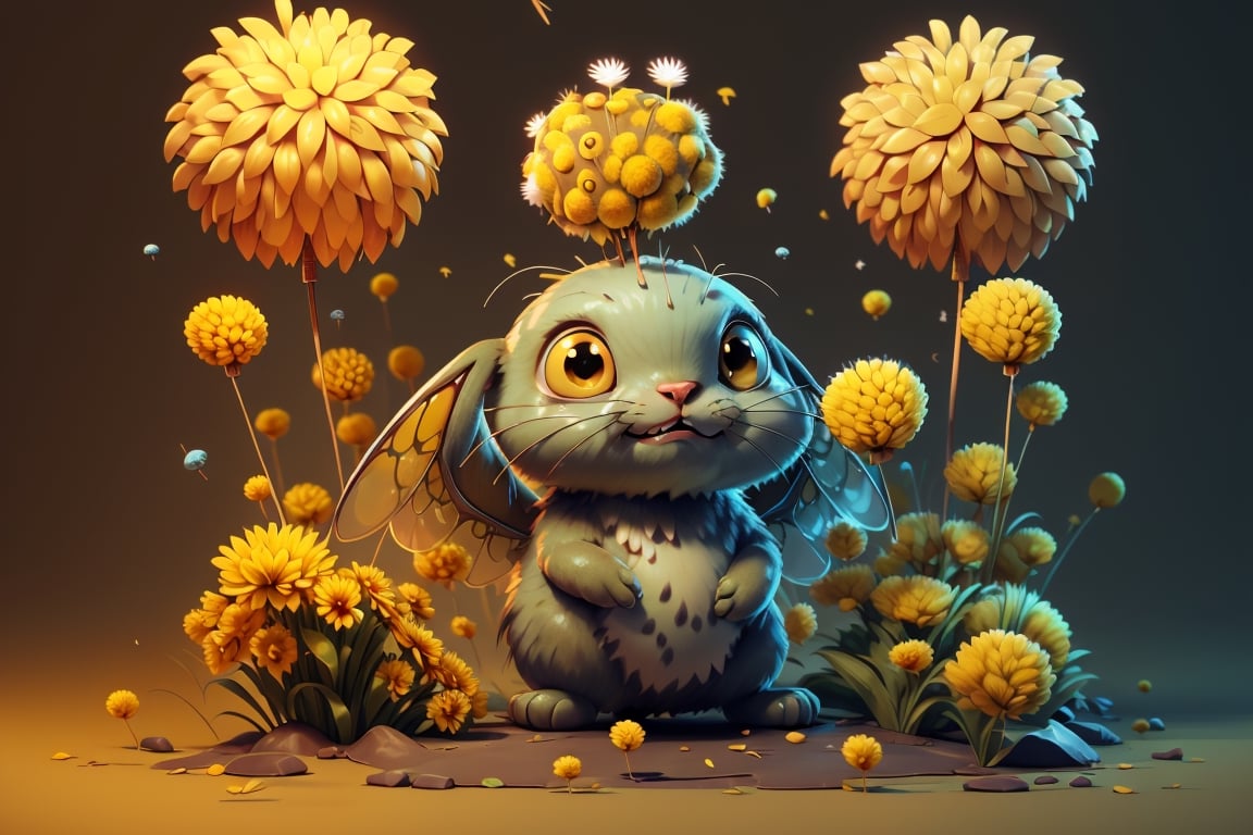 Imagine a creature that combines the delicate beauty of a bee with the cuteness of a bunny. Its wings are made of shimmering chitin, and its body is adorned with bold yellow and black stripes. It is flying through a surreal landscape, reminiscent of Tim Burton's twisted imagination, with Blowballs (dandelion blowballs:1.4) that seem to be straight out of a dream. (yellow black stripes:1.4), (bunny eas and bee transparent chitin wings:1.4), (photo HDR 8K) ,painting magic,  (splendid environment of tensor art),  perfect contrast,  (correct sharp photorealistic environment),  (highly detailed bacgroung),  detailed,  (masterpiece,  best quality:1.3) chuppy_fat:2,  looking viewer,  (Ultrasharp,  8k,  detailed,  ink art,  stunning,  vray tracing,  style raw,  unreal engine),  High detailed , Color magic,  Saturated colors,  game icon