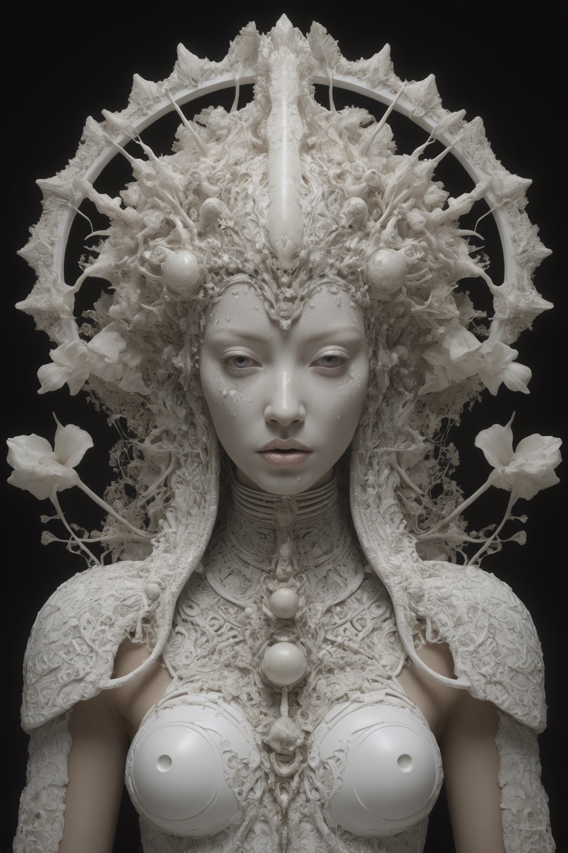 symmetrical portrait of surreal abandoned sculpture of white egyptian horus as female queen with a splashing coloration of Alberto Seveso, covered with white tentacles white flesh white meat on white exoplanet,soft bloom,dream - like heavy mysterious atmosphere,in the wastelands, baroque landscape,perfect composition,beautiful detailed intricate insanely detailed octane,unreal engine 5,8k artistic photography,photo realistic,soft natural volumetric cinematic perfect light,chiaroscuro,award - winning photography tsutomu nihei,  Bastien Lecouffe Deharme,  iris van herpen and wangechi Mutu,  art forms of nature by ernst haeckel,  art nouveau,  symbolist,  Kinetic Art,  visionary,  gothic,  (((Merrow Irish mythical being:1.4))),  neo - gothic,  pre - raphaelite,  fractal lace, intricate mythical botanical,  ai biodiversity,  surrealism,  hyper detailed ultra sharp octane render,  (Audrey Kawasaki,  Anna Dittmann:1.4),  known for their captivating and atmospheric pieces. The overall effect of the image is ethereal,  as if the woman is enveloped in glowing stardust,  created expertly by artist W. Zelmer. The image is of exceptional quality,  showcasing the fine details and masterful blending of colors,