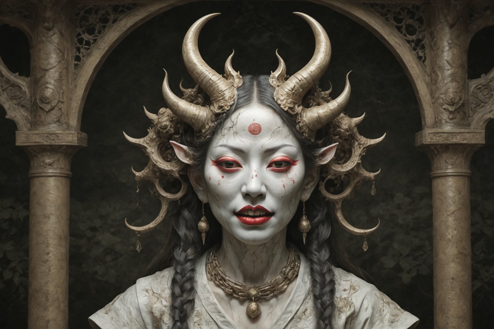 symmetrical portrait of surreal abandoned sculpture of white japanese female stunning Tengu (with a splashing coloration of Alberto Seveso and Basil Gogos), ((Wild crazy long hair)), dream - like heavy mysterious atmosphere,in an abandoned japanese overgrown shrine, perfect composition,beautiful detailed intricate insanely detailed octane,unreal engine 5,8k artistic photography,photo realistic,soft natural volumetric cinematic perfect light,chiaroscuro,award - winning photography, ((tsutomu nihei, Bastien Lecouffe Deharme,  iris van herpen and wangechi Mutu)), art forms of nature by ernst haeckel,  art nouveau,  symbolist,  Kinetic Art,  visionary,  gothic,  (((ancient japanese mythical being, Tengu with horns and shapr demon teeth:1.4))),  neo - gothic,  pre - raphaelite,  fractal lace, intricate mythical botanical,  ai biodiversity,  surrealism,  hyper detailed ultra sharp octane render,  (Audrey Kawasaki,  Anna Dittmann:1.4),  known for their captivating and atmospheric pieces. The overall effect of the image is ethereal,  as if the woman is enveloped in glowing stardust created expertly by artist W. Zelmer. The image is of exceptional quality,  showcasing the fine details and masterful blending of colors, folklore, ,on parchment