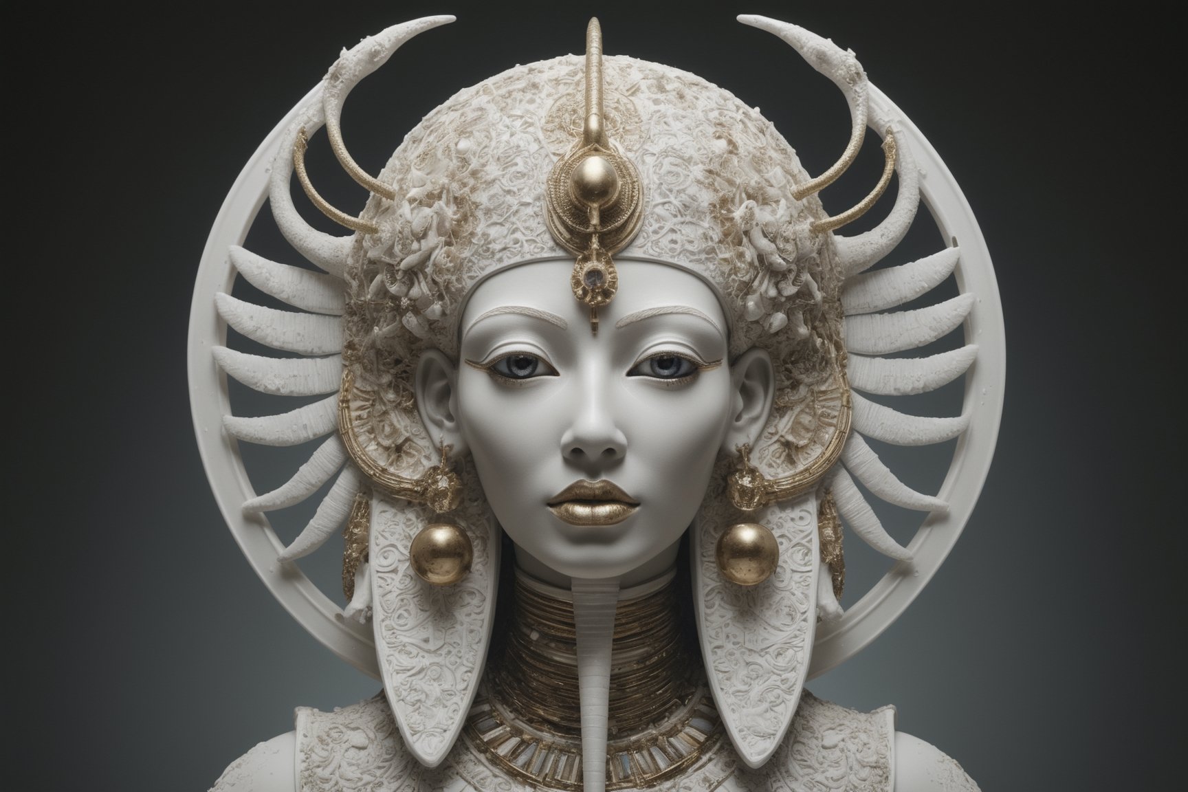 symmetrical portrait of surreal abandoned sculpture of white egyptian horus as female queen with a splashing coloration of Alberto Seveso, covered with white tentacles white flesh white meat on white exoplanet,soft bloom,dream - like heavy mysterious atmosphere,in the wastelands, baroque landscape,perfect composition,beautiful detailed intricate insanely detailed octane,unreal engine 5,8k artistic photography,photo realistic,soft natural volumetric cinematic perfect light,chiaroscuro,award - winning photography, ((tsutomu nihei, Bastien Lecouffe Deharme,  iris van herpen and wangechi Mutu)), art forms of nature by ernst haeckel,  art nouveau,  symbolist,  Kinetic Art,  visionary,  gothic,  (((Horus egyptian mythical being:1.4))),  neo - gothic,  pre - raphaelite,  fractal lace, intricate mythical botanical,  ai biodiversity,  surrealism,  hyper detailed ultra sharp octane render,  (Audrey Kawasaki,  Anna Dittmann:1.4),  known for their captivating and atmospheric pieces. The overall effect of the image is ethereal,  as if the woman is enveloped in glowing stardust,  created expertly by artist W. Zelmer. The image is of exceptional quality,  showcasing the fine details and masterful blending of colors,