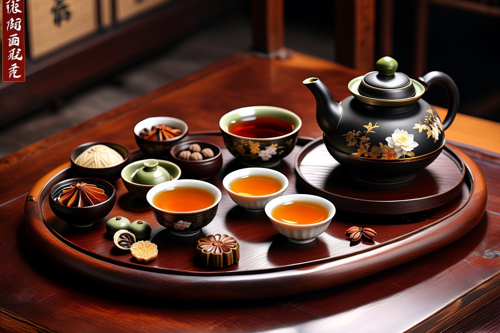 Imagine a traditional chinese tea ceremony with a yellow yixing teapot, small cups, cha hai art like (Jean Baptiste Monge) (shimmering steaming tea ceremony, wooden trays, old rustic dark wooden table:1.4), its smooth surface placed on a crafted wooden tray with osmanthus leaves, dried fruits and nuts, cute snail teapet,(autumn feel, chinese tea ceremony, chinese porcelain cups of steaming hot pu-erh tea:1.4), ((artfully arranged with a colorful range of traditional chinese sweets)), ((Chinese moon cake and Pu-erh cakes in the Background:1.3)), (photo HDR 8K) ,painting magic,  (splendid environment of tensor art),  perfect contrast,  (correct sharp photorealistic environment),  (highly detailed background),  detailed,  (masterpiece,  best quality:1.3) chuppy_fat:2,  looking viewer,  (Ultrasharp,  8k,  detailed,  ink art,  stunning,  vray tracing,  style raw,  unreal engine),  High detailed , Color magic,  Saturated colors,