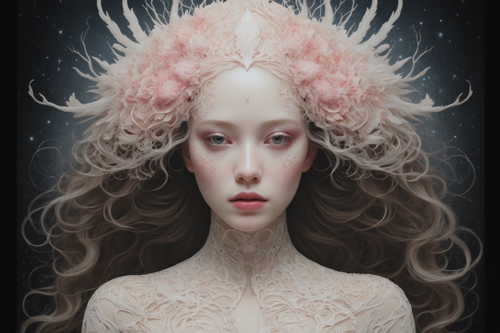 This paragraph describes a stunning image of a ghostly woman with Axolotl features and a human face. The image is primarily a painting, filled with vibrant colors such as pink, cream, red, white, and luminescence. The woman has a shiny aura surrounding her, and her presence is further enhanced by the intricate red filigree designs that adorn the artwork. The style of the image takes inspiration from artists Januz Miralles and Audrey Kawasaki, known for their captivating and atmospheric pieces. The overall effect of the image is ethereal, as if the woman is enveloped in glowing stardust, created expertly by artist W. Zelmer. The image is of exceptional quality, showcasing the fine details and masterful blending of colors. The background is like a dark image within the depths of the ocean while a sunken rustic ship is portrait stranded in the distance  Kinetic Art,  visionary,  gothic,  (((ancient mythical being:1.4))),  neo - gothic,  pre - raphaelite,  fractal lace, intricate mythical botanical,  ai biodiversity,  surrealism,  hyper detailed ultra sharp octane render,  (Audrey Kawasaki,  Anna Dittmann:1.4),  known for their captivating and atmospheric pieces. The overall effect of the image is ethereal,  as if the woman is enveloped in glowing stardust,  created expertly by artist W. Zelmer. The image is of exceptional quality,  showcasing the fine details and masterful blending of colors,