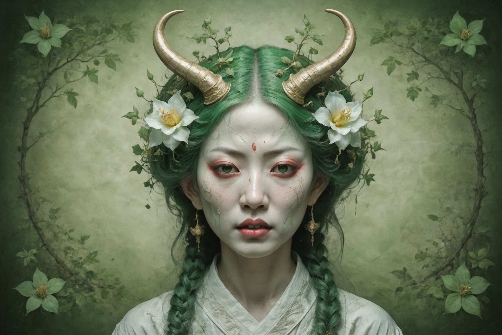 symmetrical portrait of surreal abandoned sculpture of white japanese female stunning sensual Tengu (with a splashing coloration of Alberto Seveso and Basil Gogos), ((Wild crazy long green tea hair)), dream - like heavy mysterious atmosphere,in an abandoned japanese overgrown shrine, perfect composition,beautiful detailed intricate insanely detailed octane,unreal engine 5,8k (artistic photography like Bella Kotak),photo realistic,soft natural volumetric cinematic perfect light,chiaroscuro,award - winning photography, (((tsutomu nihei, Bastien Lecouffe Deharme, iris van herpen and Ayami Kojima))), art forms of nature by ernst haeckel,  art nouveau,  symbolist,  Kinetic Art,  visionary,  gothic,  (((ancient japanese mythical being, crying Tengu with horns:1.4))),  neo - gothic,  pre - raphaelite,  fractal lace, intricate mythical botanical,  ai biodiversity,  surrealism,  hyper detailed ultra sharp octane render,  (Audrey Kawasaki,  Anna Dittmann:1.4),  known for their captivating and atmospheric pieces. The overall effect of the image is ethereal,  as if the woman is enveloped in glowing stardust created expertly by artist W. Zelmer. The image is of exceptional quality,  showcasing the fine details and masterful blending of colors, folklore, ,on parchment, Chinese Ghost Story, ((luminescence, iridescent effect:1.3)), (((Sencha Green Tea:1.4)))