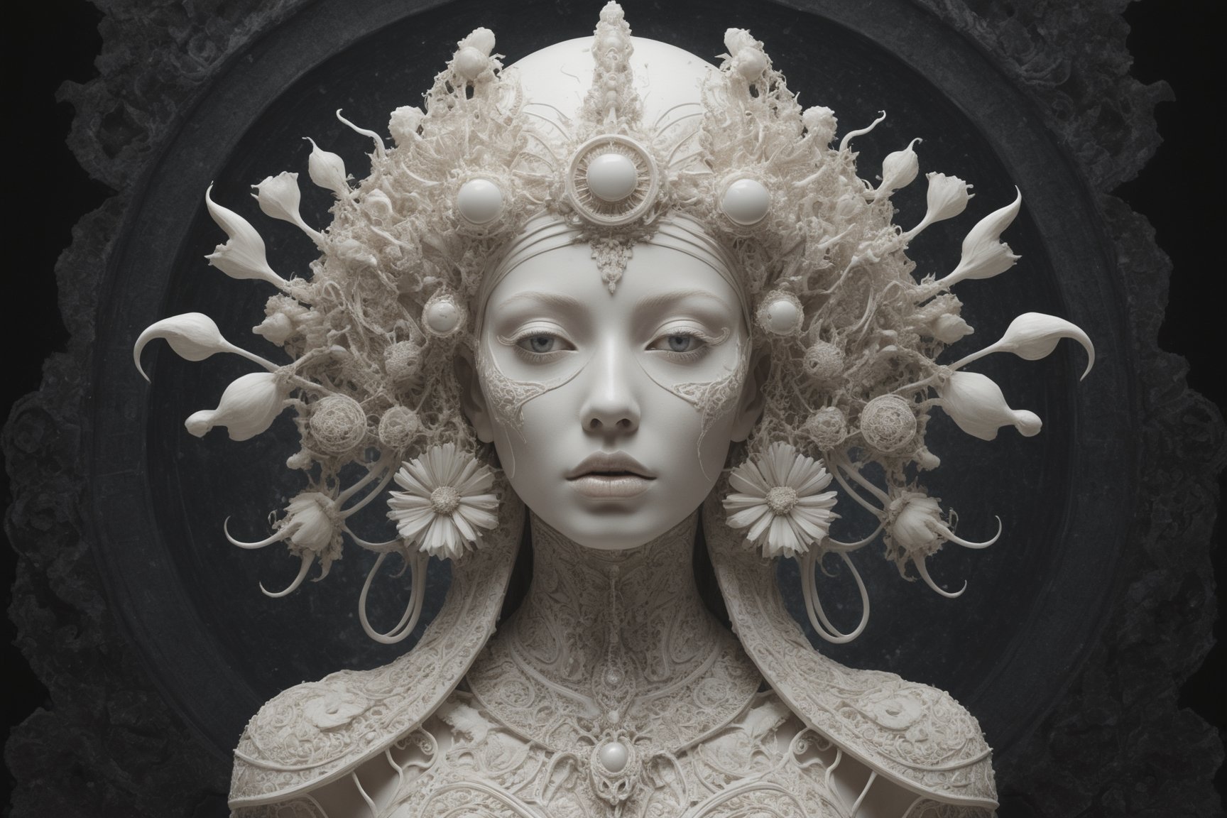 symmetrical portrait of surreal abandoned sculpture of white egyptian horus as female queen with a splashing coloration of Alberto Seveso, covered with white tentacles white flesh white meat on white exoplanet,soft bloom,dream - like heavy mysterious atmosphere,in the wastelands, baroque landscape,perfect composition,beautiful detailed intricate insanely detailed octane,unreal engine 5,8k artistic photography,photo realistic,soft natural volumetric cinematic perfect light,chiaroscuro,award - winning photography tsutomu nihei,  Bastien Lecouffe Deharme,  iris van herpen and wangechi Mutu,  art forms of nature by ernst haeckel,  art nouveau,  symbolist,  Kinetic Art,  visionary,  gothic,  (((Merrow Irish mythical being:1.4))),  neo - gothic,  pre - raphaelite,  fractal lace, intricate mythical botanical,  ai biodiversity,  surrealism,  hyper detailed ultra sharp octane render,  (Audrey Kawasaki,  Anna Dittmann:1.4),  known for their captivating and atmospheric pieces. The overall effect of the image is ethereal,  as if the woman is enveloped in glowing stardust,  created expertly by artist W. Zelmer. The image is of exceptional quality,  showcasing the fine details and masterful blending of colors,