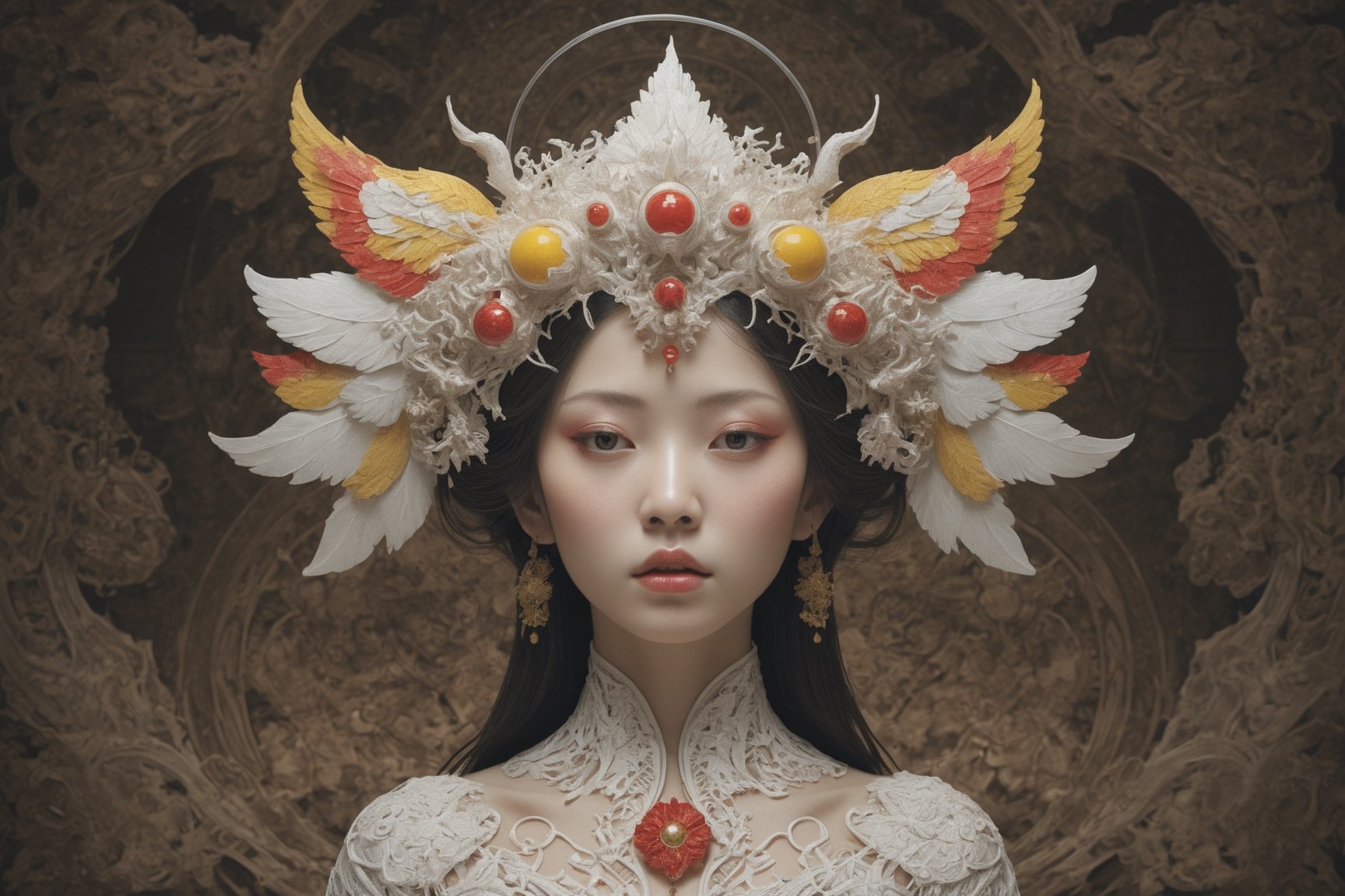 symmetrical portrait of surreal abandoned sculpture of white japanese female Tengu (with a splashing coloration of Alberto Seveso), covered with chinese red yellow paper talisman, dream - like heavy mysterious atmosphere,in an abandoned shrine, baroque landscape,perfect composition,beautiful detailed intricate insanely detailed octane,unreal engine 5,8k artistic photography,photo realistic,soft natural volumetric cinematic perfect light,chiaroscuro,award - winning photography, ((tsutomu nihei, Bastien Lecouffe Deharme,  iris van herpen and wangechi Mutu)), art forms of nature by ernst haeckel,  art nouveau,  symbolist,  Kinetic Art,  visionary,  gothic,  (((ancient japanese mythical being:1.4))),  neo - gothic,  pre - raphaelite,  fractal lace, intricate mythical botanical,  ai biodiversity,  surrealism,  hyper detailed ultra sharp octane render,  (Audrey Kawasaki,  Anna Dittmann:1.4),  known for their captivating and atmospheric pieces. The overall effect of the image is ethereal,  as if the woman is enveloped in glowing stardust,  created expertly by artist W. Zelmer. The image is of exceptional quality,  showcasing the fine details and masterful blending of colors, folklore, 
