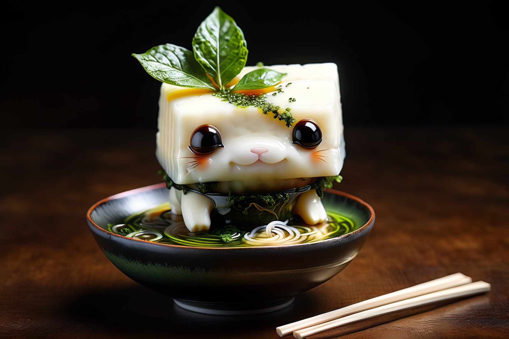 Imagine a chibi tofu cube art like (Jean Baptiste Monge) (shimmering cream tofu white coloration:1.4), its smooth surface, its human ears perked up in curiosity as it swims through a japanese colorful round porcelain bowl of steaming hot ramen (noodles, eggs, pork meet, onions). Its big, expressive eyes take in smells of the delicious broth, while a twig with a vibrant green tea leaf rests atop its head,  (photo HDR 8K) ,painting magic,  (splendid environment of tensor art),  perfect contrast,  (correct sharp photorealistic environment),  (highly detailed background),  detailed,  (masterpiece,  best quality:1.3) chuppy_fat:2,  looking viewer,  (Ultrasharp,  8k,  detailed,  ink art,  stunning,  vray tracing,  style raw,  unreal engine),  High detailed , Color magic,  Saturated colors,