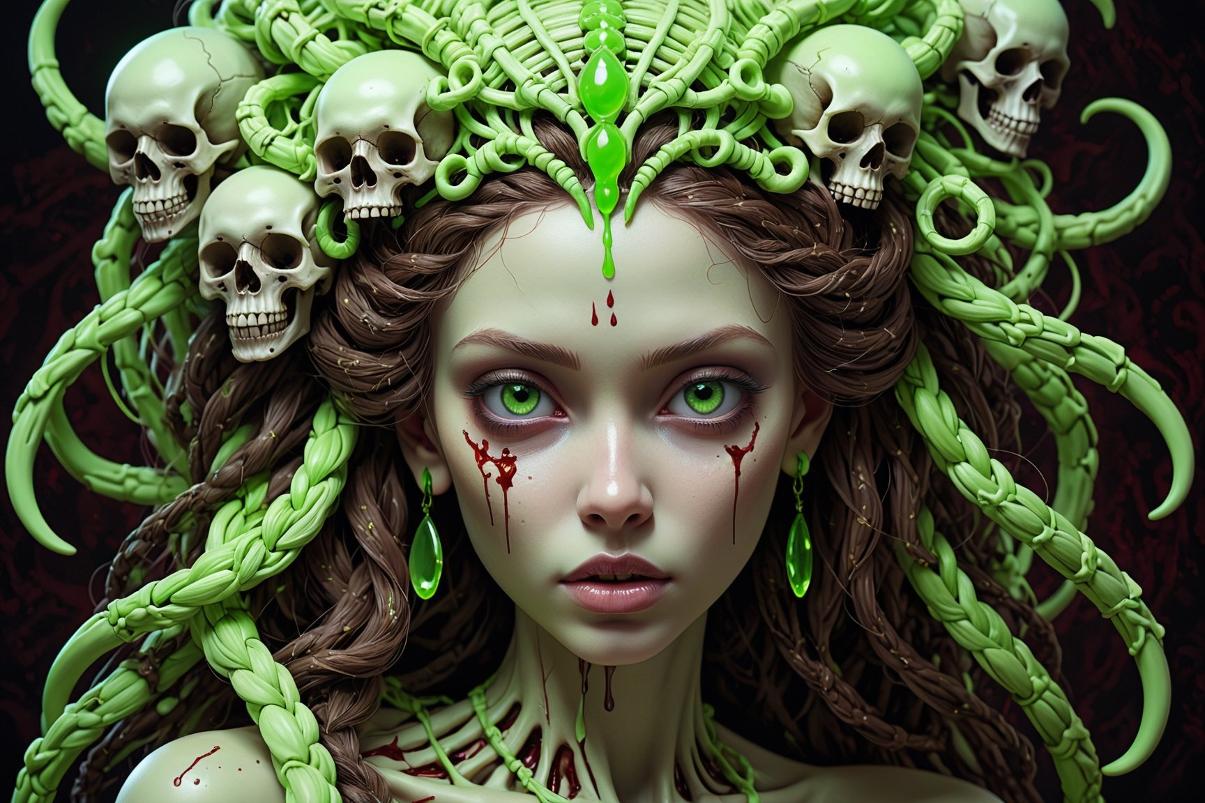 detailed realistic beautiful porcelain skull goddess portrait (neon green radioactive braided hair, dark brown skin) by jean delville, gustave dore, iris van herpen and marco mazzoni, art forms of nature by ernst haeckel, art nouveau, symbolist, Kinetic Art, visionary, gothic, ((ghoul)), neo - gothic, pre - raphaelite, fractal lace, intricate alien botanicals, ai biodiversity, surreality, hyperdetailed ultrasharp octane render, (Audrey Kawasaki, Anna Dittmann), known for their captivating and atmospheric pieces. The overall effect of the image is ethereal, as if the woman is enveloped in glowing stardust, created expertly by artist W. Zelmer. The image is of exceptional quality, showcasing the fine details and masterful blending of colors, ((dripping blood, bones, crackling skin, Skulls)), ectoplasm, more skulls:1.4