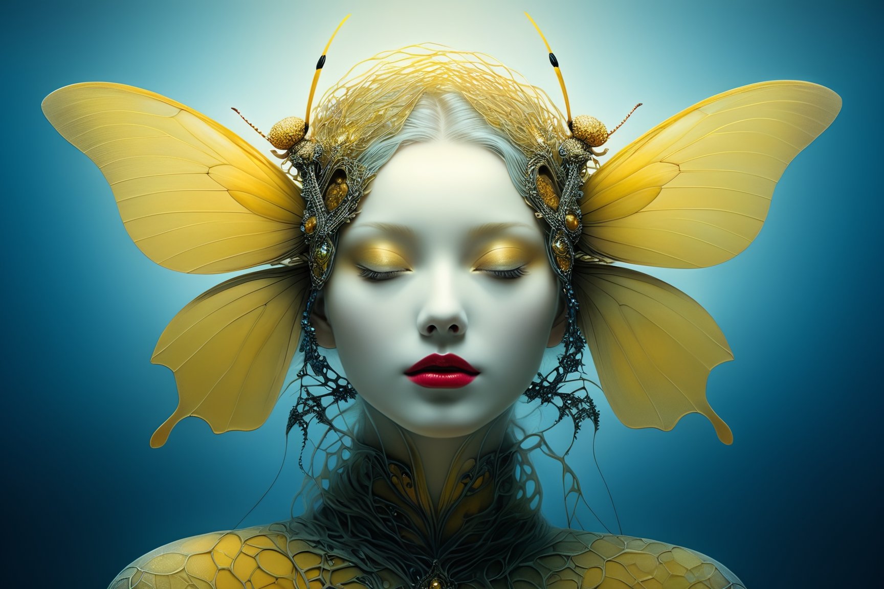 photo RAW, dynamic pose sideview of a ghostly woman (with blue luminescence hair) with Blackberry Looper Moth features, shiny fluorescence aura (open impressive yellow eyes:1.3), highly detailed, white filigree, intricate motifs, organic tracery, Januz Miralles, Audrey Kawasaki, glowing stardust by W. Zelmer, perfect composition, smooth, sharp focus, sparkling particles, decaying iridescence sparkling background Realistic, realism, hd, 35mm photograph, 8k), masterpiece, award winning photography, natural light, perfect composition, high detail, hyper realistic, ((tsutomu nihei, Bastien Lecouffe Deharme, iris van herpen and wangechi Mutu)), art forms of nature by ernst haeckel, art nouveau, symbolist, Kinetic Art, visionary, gothic, (((human insect:1.4))), neo - gothic, pre - raphaelite, fractal lace, intricate mythical botanical, ai biodiversity, surrealism, hyper detailed ultra sharp octane render, (Audrey Kawasaki, Anna Dittmann:1.4), known for their captivating and atmospheric pieces. The image is of exceptional quality, showcasing the fine details and masterful blending of colors, red lips, a longing on her face, she is terrifying, FilmGirl, full_body, nsfw, Gric,more detail XL