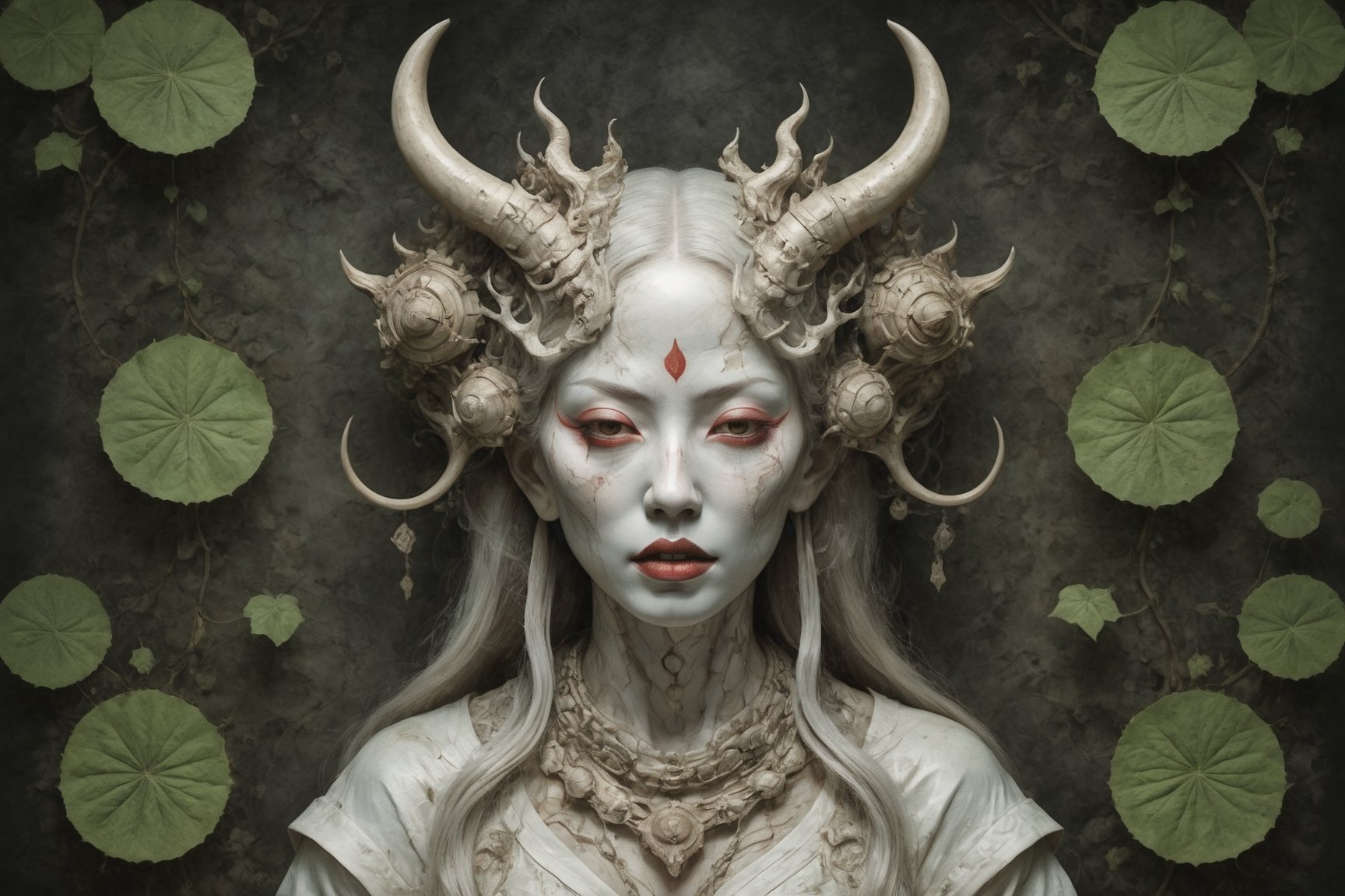 symmetrical portrait of surreal abandoned sculpture of white japanese female stunning sensual Tengu (with a splashing coloration of Alberto Seveso and Basil Gogos), ((Wild crazy long white hair)), dream - like heavy mysterious atmosphere,in an abandoned japanese overgrown shrine, perfect composition,beautiful detailed intricate insanely detailed octane,unreal engine 5,8k artistic photography,photo realistic,soft natural volumetric cinematic perfect light,chiaroscuro,award - winning photography, ((tsutomu nihei, Bastien Lecouffe Deharme,  iris van herpen and wangechi Mutu)), art forms of nature by ernst haeckel,  art nouveau,  symbolist,  Kinetic Art,  visionary,  gothic,  (((ancient japanese mythical being, Tengu with horns:1.4))),  neo - gothic,  pre - raphaelite,  fractal lace, intricate mythical botanical,  ai biodiversity,  surrealism,  hyper detailed ultra sharp octane render,  (Audrey Kawasaki,  Anna Dittmann:1.4),  known for their captivating and atmospheric pieces. The overall effect of the image is ethereal,  as if the woman is enveloped in glowing stardust created expertly by artist W. Zelmer. The image is of exceptional quality,  showcasing the fine details and masterful blending of colors, folklore, ,on parchment