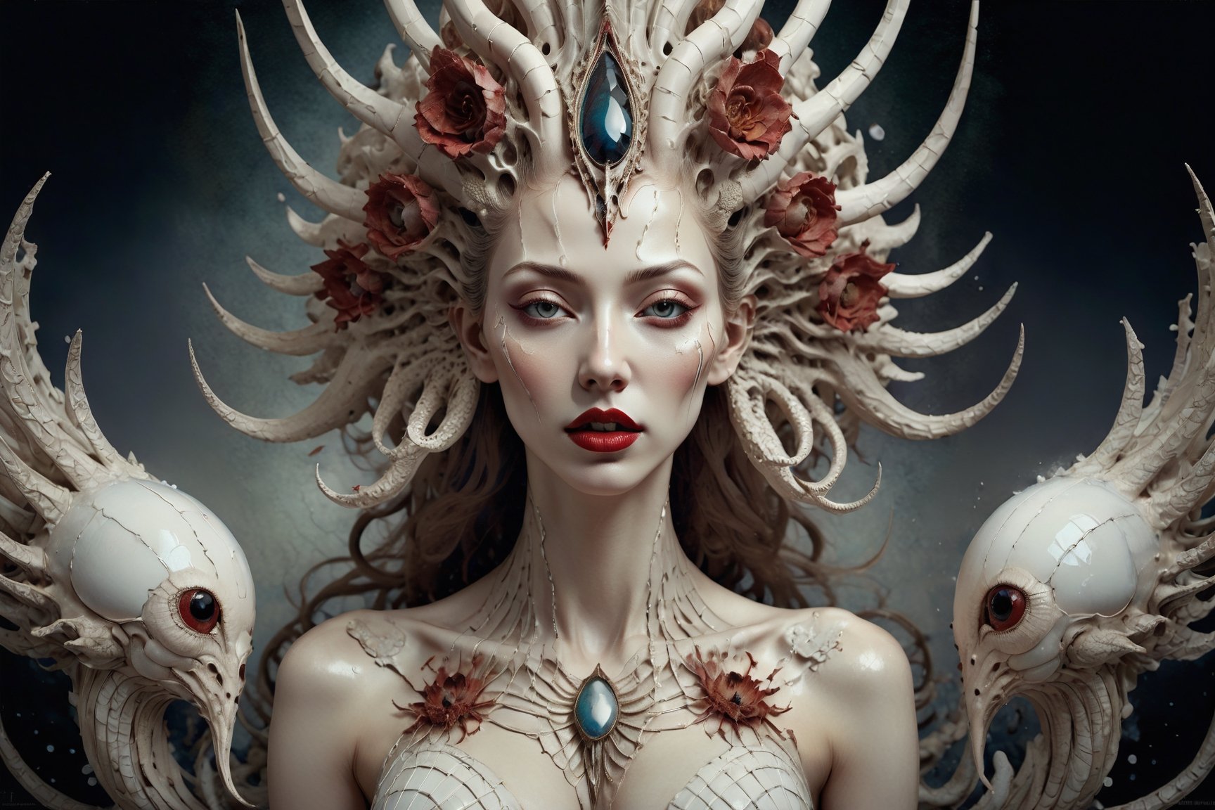 symmetrical portrait of surreal abandoned sculpture of white egyptian horus as female queen with a splashing coloration of Alberto Seveso,  covered with white tentacles white flesh white meat on white exoplanet, soft bloom, dream - like heavy mysterious atmosphere, in the wastelands,  baroque landscape, perfect composition, beautiful detailed intricate insanely detailed octane, unreal engine 5, 8k artistic photography, photo realistic, soft natural volumetric cinematic perfect light, chiaroscuro, award - winning photography,  ((tsutomu nihei,  Bastien Lecouffe Deharme,  iris van herpen and wangechi Mutu)),  art forms of nature by ernst haeckel,  art nouveau,  symbolist,  Kinetic Art,  visionary,  gothic,  (((ancient mythical being:1.4))),  neo - gothic,  pre - raphaelite,  fractal lace,  intricate mythical botanical,  ai biodiversity,  surrealism,  hyper detailed ultra sharp octane render,  (Audrey Kawasaki, Anna Dittmann:1.4),  known for their captivating and atmospheric pieces. The overall effect of the image is ethereal,  as if the woman is enveloped in glowing stardust,  created expertly by artist W. Zelmer. The image is of exceptional quality,  showcasing the fine details and masterful blending of colors, red lips, a wry smile on her face, she is terrifying,FilmGirl, full_body, nsfw 