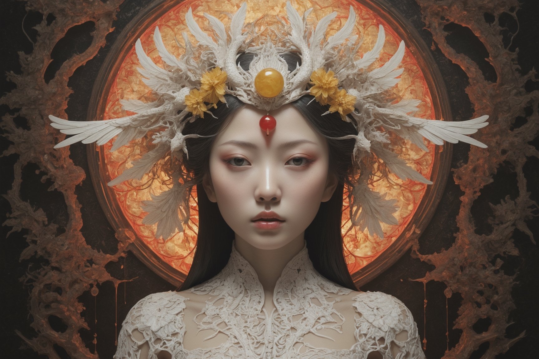 symmetrical portrait of surreal abandoned sculpture of white japanese female Tengu (with a splashing coloration of Alberto Seveso), covered with chinese red yellow paper talisman, dream - like heavy mysterious atmosphere,in an abandoned shrine, baroque landscape,perfect composition,beautiful detailed intricate insanely detailed octane,unreal engine 5,8k artistic photography,photo realistic,soft natural volumetric cinematic perfect light,chiaroscuro,award - winning photography, ((tsutomu nihei, Bastien Lecouffe Deharme,  iris van herpen and wangechi Mutu)), art forms of nature by ernst haeckel,  art nouveau,  symbolist,  Kinetic Art,  visionary,  gothic,  (((ancient japanese mythical being:1.4))),  neo - gothic,  pre - raphaelite,  fractal lace, intricate mythical botanical,  ai biodiversity,  surrealism,  hyper detailed ultra sharp octane render,  (Audrey Kawasaki,  Anna Dittmann:1.4),  known for their captivating and atmospheric pieces. The overall effect of the image is ethereal,  as if the woman is enveloped in glowing stardust,  created expertly by artist W. Zelmer. The image is of exceptional quality,  showcasing the fine details and masterful blending of colors, folklore, 