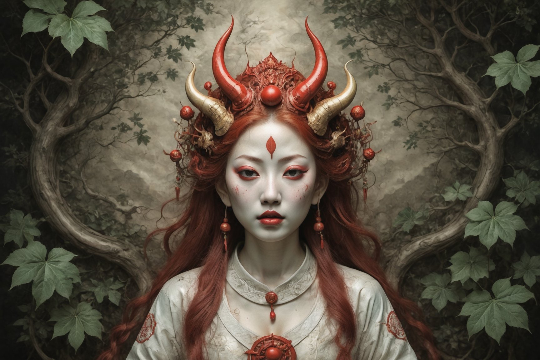 symmetrical portrait of surreal abandoned sculpture of white japanese female stunning sensual Tengu (with a splashing coloration of Alberto Seveso and Basil Gogos), ((Wild crazy long fire red hair)), dream - like heavy mysterious atmosphere,in an abandoned japanese overgrown shrine, perfect composition,beautiful detailed intricate insanely detailed octane,unreal engine 5,8k artistic photography,photo realistic,soft natural volumetric cinematic perfect light,chiaroscuro,award - winning photography, (((tsutomu nihei, Bastien Lecouffe Deharme,  iris van herpen and Ayami Kojima))), art forms of nature by ernst haeckel,  art nouveau,  symbolist,  Kinetic Art,  visionary,  gothic,  (((ancient japanese mythical being, Tengu with horns:1.4))),  neo - gothic,  pre - raphaelite,  fractal lace, intricate mythical botanical,  ai biodiversity,  surrealism,  hyper detailed ultra sharp octane render,  (Audrey Kawasaki,  Anna Dittmann:1.4),  known for their captivating and atmospheric pieces. The overall effect of the image is ethereal,  as if the woman is enveloped in glowing stardust created expertly by artist W. Zelmer. The image is of exceptional quality,  showcasing the fine details and masterful blending of colors, folklore, ,on parchment, Chinese Ghost Story, 