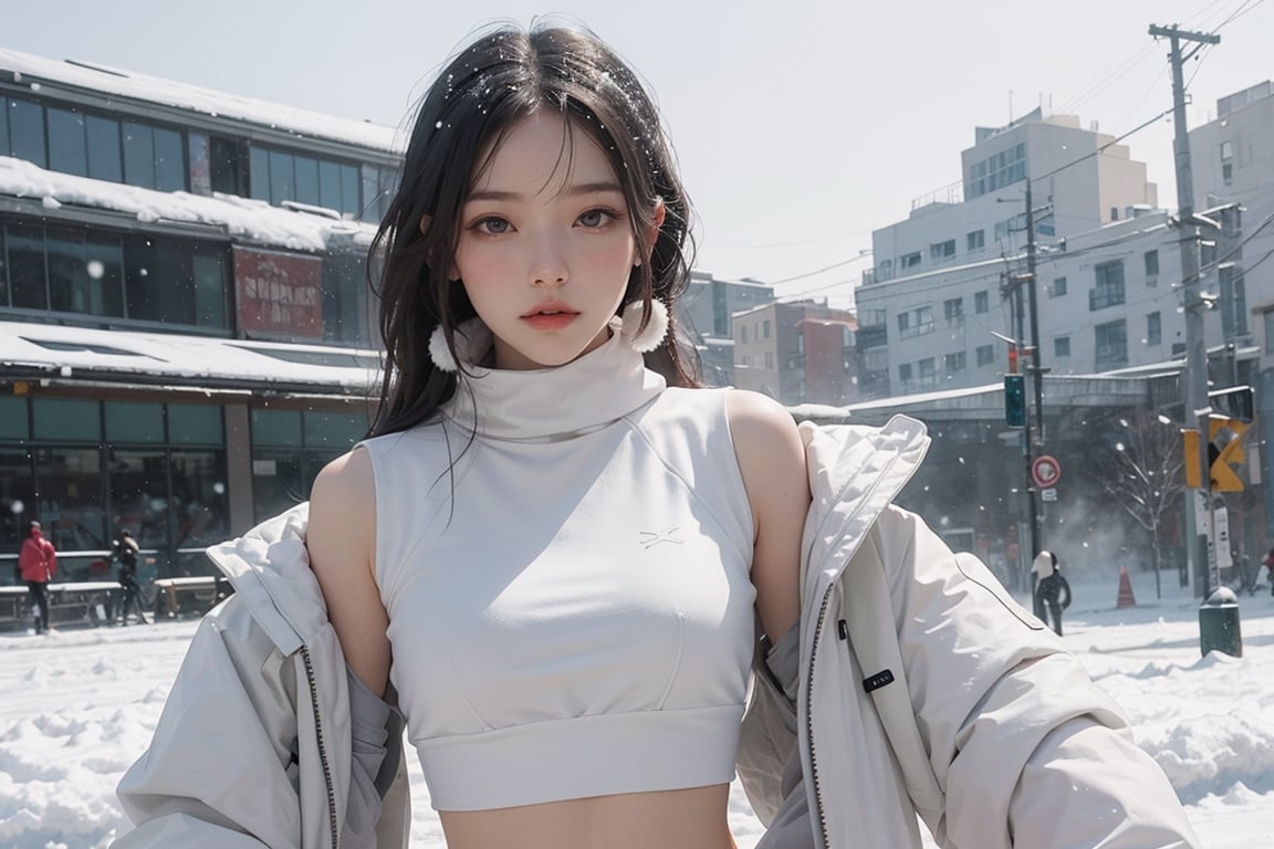 1girl, she as (snow bunny face:1.15), AgoonGirl ,Detailedface,outfit,Detailedeyes, croptop, white themes,urban techwear