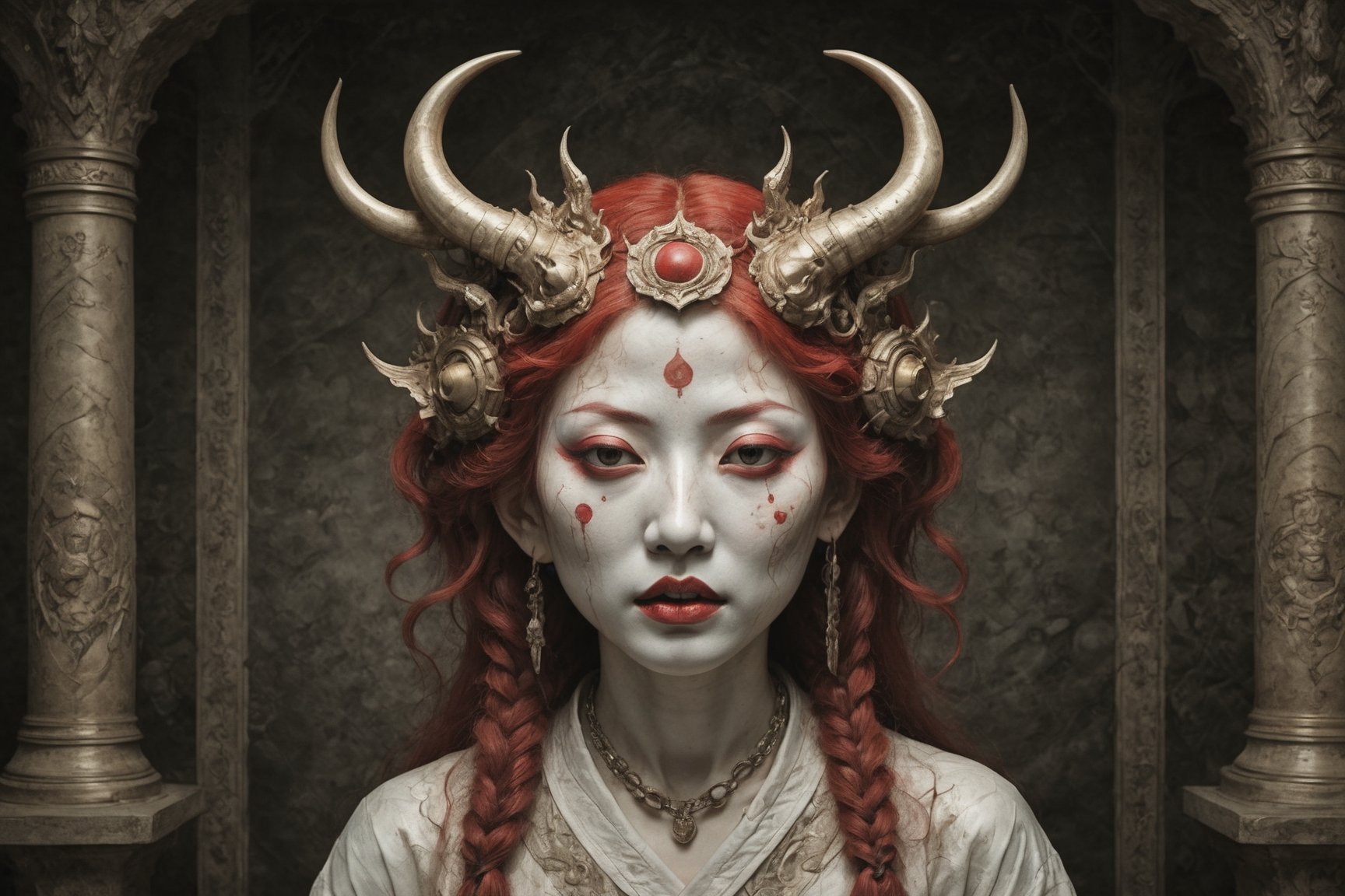 symmetrical portrait of surreal abandoned sculpture of white japanese female stunning sensual Tengu (with a splashing coloration of Alberto Seveso and Basil Gogos), ((Wild crazy long fire red hair)), dream - like heavy mysterious atmosphere,in an abandoned japanese overgrown shrine, perfect composition,beautiful detailed intricate insanely detailed octane,unreal engine 5,8k artistic photography,photo realistic,soft natural volumetric cinematic perfect light,chiaroscuro,award - winning photography, (((tsutomu nihei, Bastien Lecouffe Deharme,  iris van herpen and Ayami Kojima))), art forms of nature by ernst haeckel,  art nouveau,  symbolist,  Kinetic Art,  visionary,  gothic,  (((ancient japanese mythical being, crying Tengu with horns:1.4))),  neo - gothic,  pre - raphaelite,  fractal lace, intricate mythical botanical,  ai biodiversity,  surrealism,  hyper detailed ultra sharp octane render,  (Audrey Kawasaki,  Anna Dittmann:1.4),  known for their captivating and atmospheric pieces. The overall effect of the image is ethereal,  as if the woman is enveloped in glowing stardust created expertly by artist W. Zelmer. The image is of exceptional quality,  showcasing the fine details and masterful blending of colors, folklore, ,on parchment, Chinese Ghost Story, ((luminescence, iridescent effect))