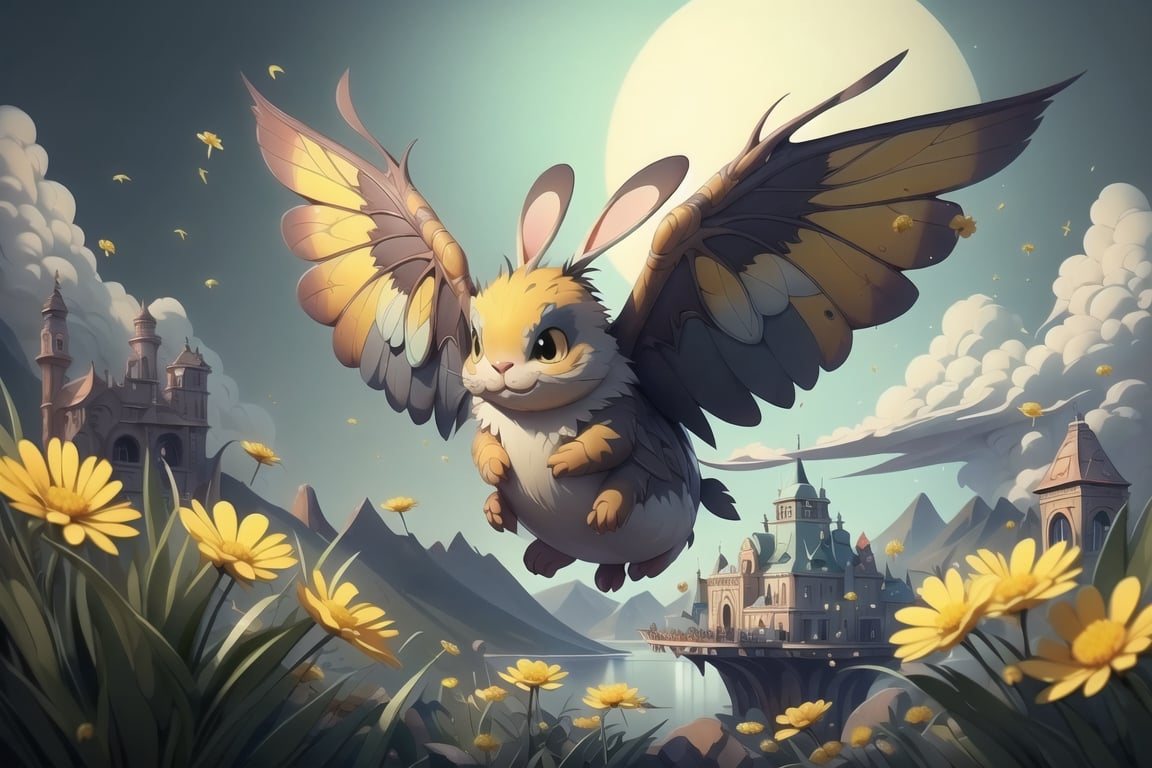 A unique flying creature, part bee (yellow black stripes) and part bunny (bunny eas and bee wings), takes flight above a Tim Burton-esque landscape filled with fantastical dandelions, (photo HDR 8K) ,painting magic,  (splendid environment of tensor art),  perfect contrast,  (correct sharp photorealistic environment),  (highly detailed bacgroung),  detailed,  (masterpiece,  best quality:1.3) Animal,  chuppy_fat:2,  looking viewer,  (Ultrasharp,  8k,  detailed,  ink art,  stunning,  vray tracing,  style raw,  unreal engine),  High detailed , Color magic,  Saturated colors,  game icon