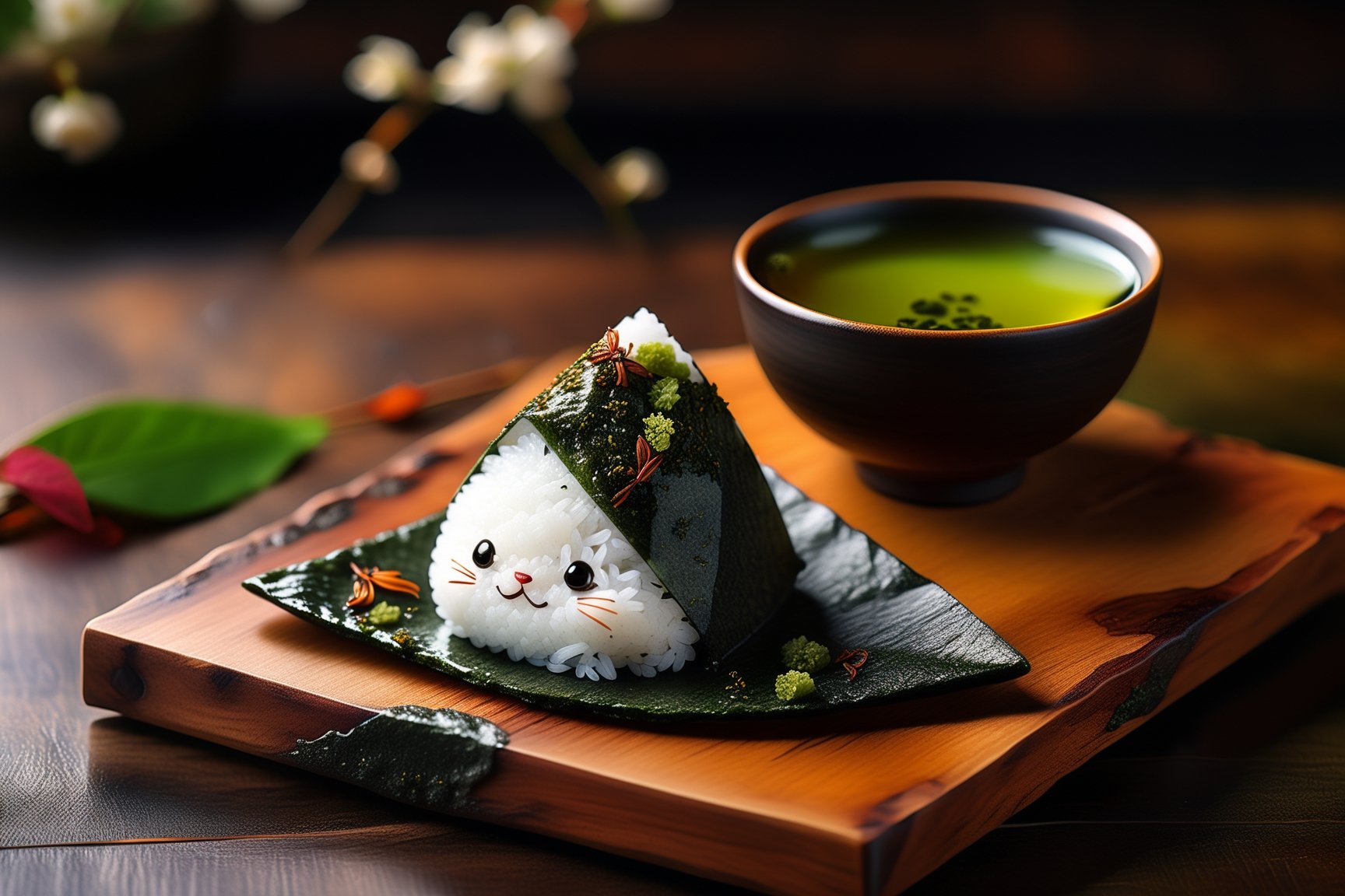 Imagine a chibi kawaii cute onigiri art like (Jean Baptiste Monge) (shimmering rice onigiri with triangular shape and nori seaweed sheet:1.4), its smooth surface, its huge cute eyes perked up in curiosity at it is placed on a crafted wooden tray with sakura leaves and a steaming hot japanese cup of green tea (autumn feel, japanese tea ceremony, cup of steaming hot Sencha green tea:1.4), ((artfully arranged with a colorful range of Wagashi and Wasanbon traditional japanese tea sweets)), (photo HDR 8K) ,painting magic,  (splendid environment of tensor art),  perfect contrast,  (correct sharp photorealistic environment),  (highly detailed background),  detailed,  (masterpiece,  best quality:1.3) chuppy_fat:2,  looking viewer,  (Ultrasharp,  8k,  detailed,  ink art,  stunning,  vray tracing,  style raw,  unreal engine),  High detailed , Color magic,  Saturated colors,