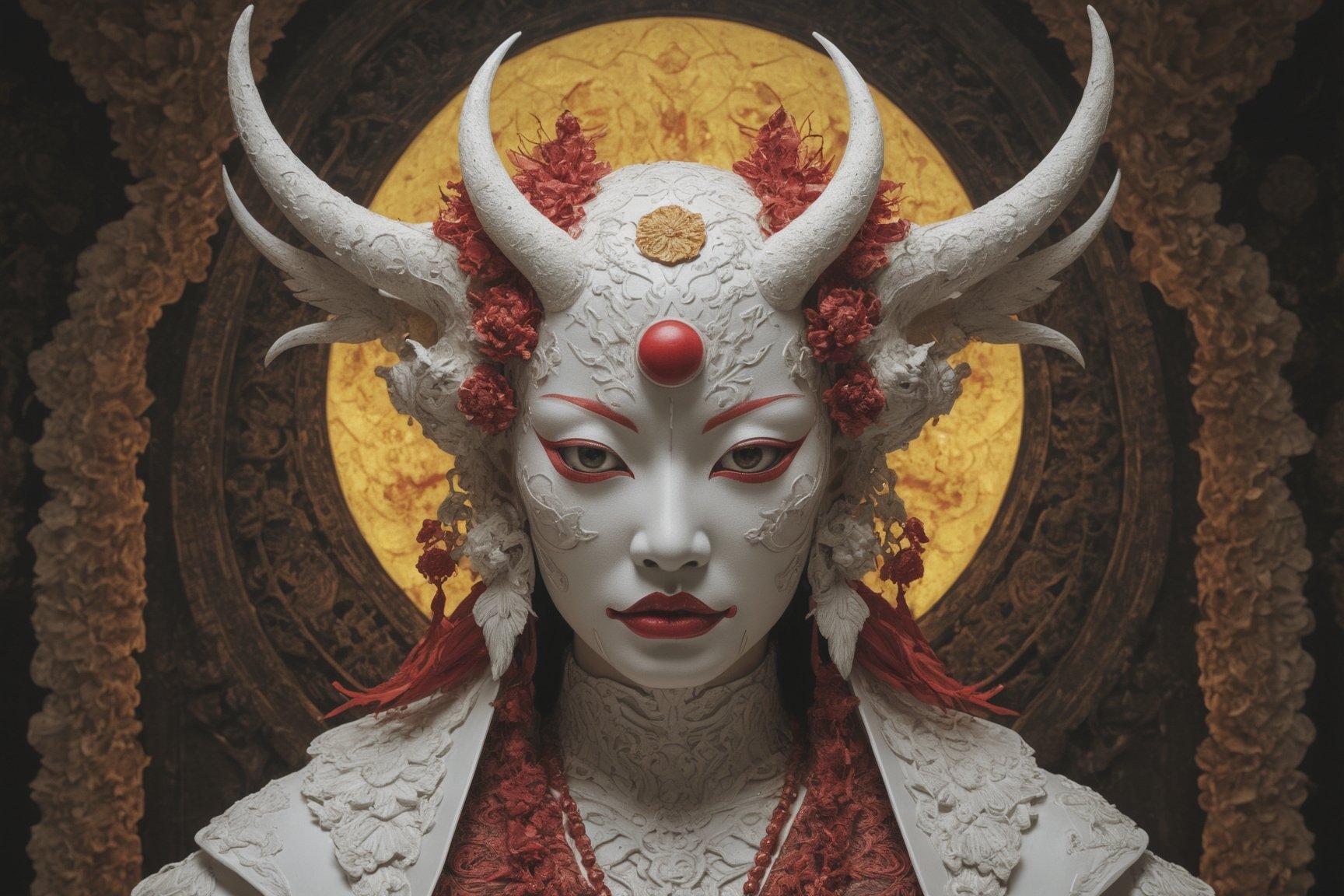 symmetrical portrait of surreal abandoned sculpture of white japanese female Tengu (with a splashing coloration of Alberto Seveso and Basil Gogos), covered with chinese red yellow paper talisman, dream - like heavy mysterious atmosphere,in an abandoned shrine, baroque landscape,perfect composition,beautiful detailed intricate insanely detailed octane,unreal engine 5,8k artistic photography,photo realistic,soft natural volumetric cinematic perfect light,chiaroscuro,award - winning photography, ((tsutomu nihei, Bastien Lecouffe Deharme,  iris van herpen and wangechi Mutu)), art forms of nature by ernst haeckel,  art nouveau,  symbolist,  Kinetic Art,  visionary,  gothic,  (((ancient japanese mythical being, Tengu with horns and shapr demon teeth:1.4))),  neo - gothic,  pre - raphaelite,  fractal lace, intricate mythical botanical,  ai biodiversity,  surrealism,  hyper detailed ultra sharp octane render,  (Audrey Kawasaki,  Anna Dittmann:1.4),  known for their captivating and atmospheric pieces. The overall effect of the image is ethereal,  as if the woman is enveloped in glowing stardust,  created expertly by artist W. Zelmer. The image is of exceptional quality,  showcasing the fine details and masterful blending of colors, folklore, 