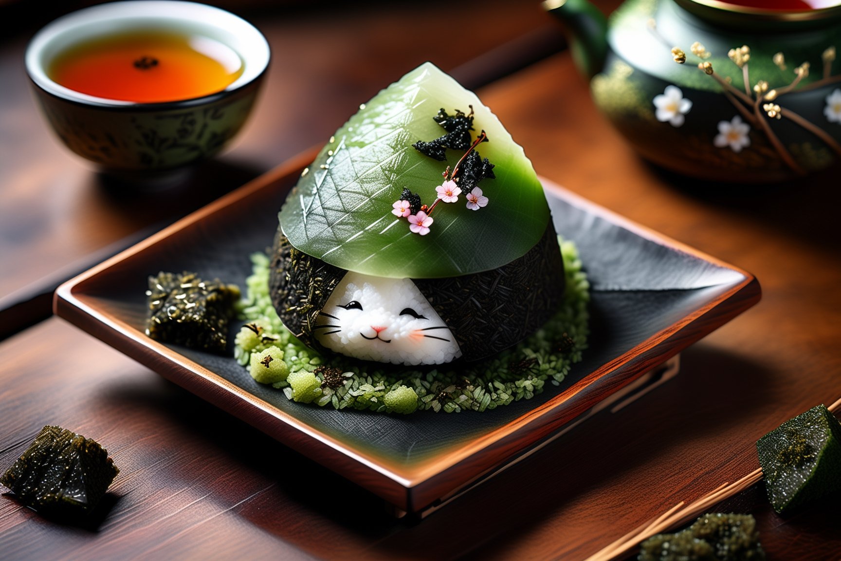 Imagine a chibi kawaii cute onigiri art like (Jean Baptiste Monge) (shimmering rice onigiri with triangular shape and nori seaweed sheet:1.4), its smooth surface, its huge cute eyes perked up in curiosity at it is placed on a crafted wooden tray with sakura leaves and a steaming hot japanese cup of green tea (autumn feel, japanese tea ceremony, cup of steaming hot Sencha green tea:1.4), ((artfully arranged with a colorful range of Wagashi and Wasanbon traditional japanese tea sweets)), (photo HDR 8K) ,painting magic,  (splendid environment of tensor art),  perfect contrast,  (correct sharp photorealistic environment),  (highly detailed background),  detailed,  (masterpiece,  best quality:1.3) chuppy_fat:2,  looking viewer,  (Ultrasharp,  8k,  detailed,  ink art,  stunning,  vray tracing,  style raw,  unreal engine),  High detailed , Color magic,  Saturated colors,