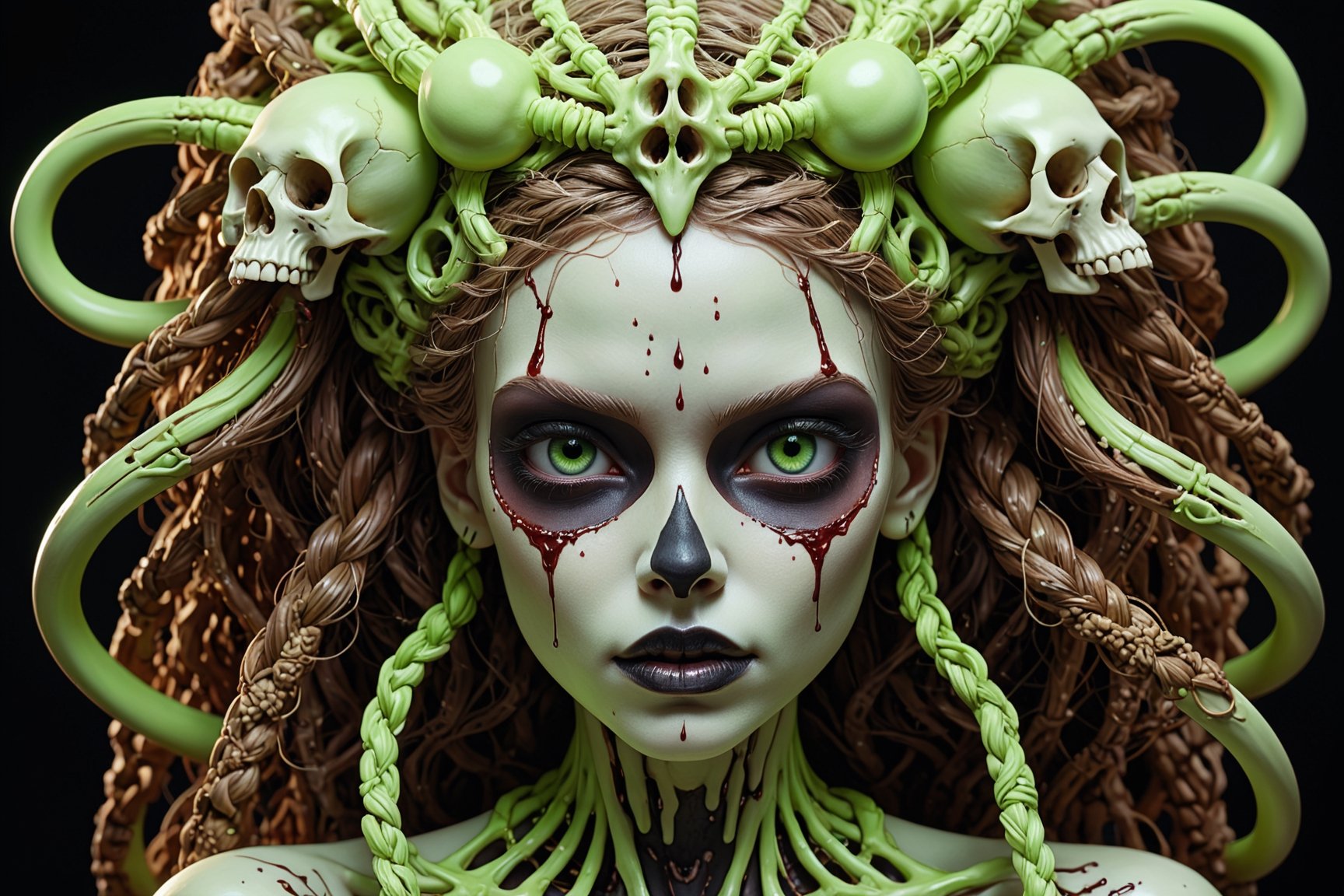 detailed realistic beautiful porcelain skull goddess portrait (neon green radioactive braided hair, dark brown skin) by tsutomu nihei, gustave dore, iris van herpen and wangechi Mutu, art forms of nature by ernst haeckel, art nouveau, symbolist, Kinetic Art, visionary, gothic, ((ghoul)), neo - gothic, pre - raphaelite, fractal lace, intricate alien botanicals, ai biodiversity, surreality, hyperdetailed ultrasharp octane render, (Audrey Kawasaki, Anna Dittmann), known for their captivating and atmospheric pieces. The overall effect of the image is ethereal, as if the woman is enveloped in glowing stardust, created expertly by artist W. Zelmer. The image is of exceptional quality, showcasing the fine details and masterful blending of colors, ((dripping blood, bones, crackling skin, Skulls)), ectoplasm, more skulls:1.4