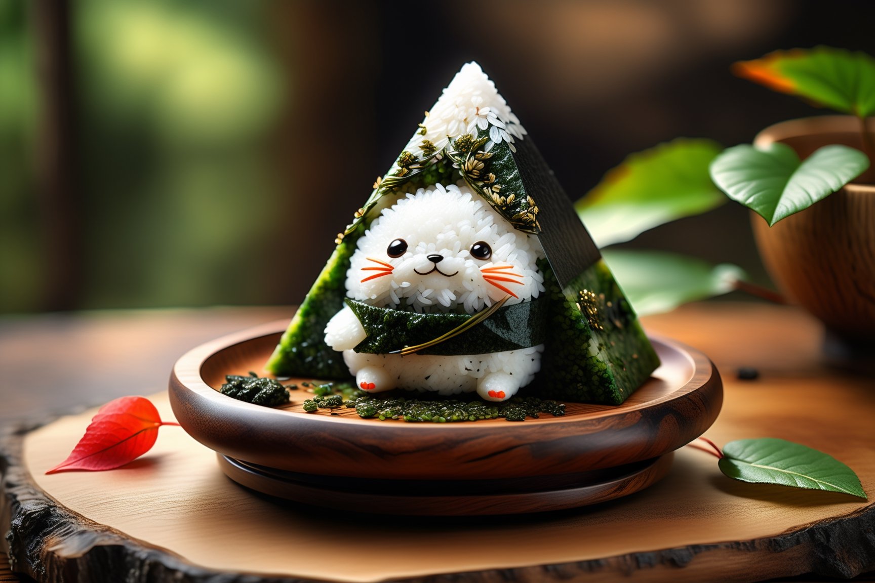 Imagine a chibi kawaii onigiri art like (Jean Baptiste Monge) (shimmering rice onigiri with triangular shape and nori seaweed sheet:1.4), its smooth surface, its huge cute eyes perked up in curiosity at it is placed on crafted wooden tray with sakura leaves and a steaming hot japanese cup of green tea (autumn feel, japanes tea ceremony), (photo HDR 8K) ,painting magic,  (splendid environment of tensor art),  perfect contrast,  (correct sharp photorealistic environment),  (highly detailed background),  detailed,  (masterpiece,  best quality:1.3) chuppy_fat:2,  looking viewer,  (Ultrasharp,  8k,  detailed,  ink art,  stunning,  vray tracing,  style raw,  unreal engine),  High detailed , Color magic,  Saturated colors,