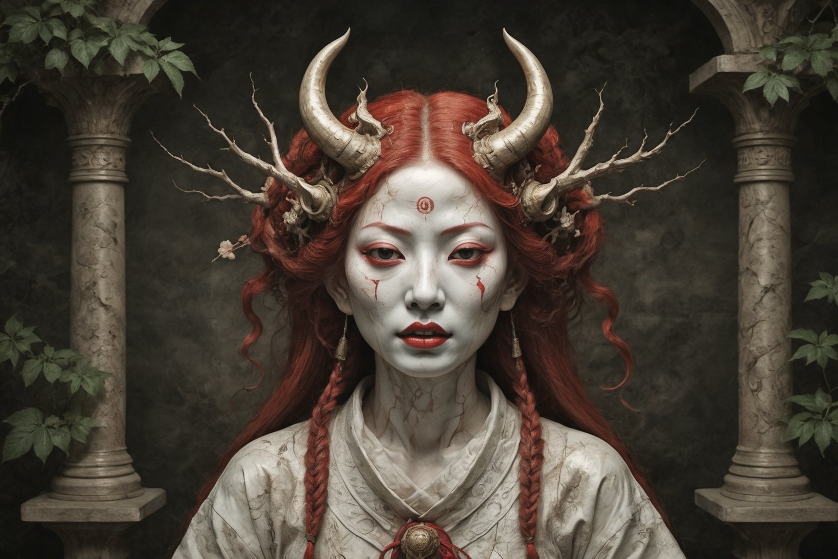 symmetrical portrait of surreal abandoned sculpture of white japanese female stunning sensual Tengu (with a splashing coloration of Alberto Seveso and Basil Gogos), ((Wild crazy long fire red hair)), dream - like heavy mysterious atmosphere,in an abandoned japanese overgrown shrine, perfect composition,beautiful detailed intricate insanely detailed octane,unreal engine 5,8k artistic photography,photo realistic,soft natural volumetric cinematic perfect light,chiaroscuro,award - winning photography, (((tsutomu nihei, Bastien Lecouffe Deharme,  iris van herpen and Ayami Kojima))), art forms of nature by ernst haeckel,  art nouveau,  symbolist,  Kinetic Art,  visionary,  gothic,  (((ancient japanese mythical being, crying Tengu with horns:1.4))),  neo - gothic,  pre - raphaelite,  fractal lace, intricate mythical botanical,  ai biodiversity,  surrealism,  hyper detailed ultra sharp octane render,  (Audrey Kawasaki,  Anna Dittmann:1.4),  known for their captivating and atmospheric pieces. The overall effect of the image is ethereal,  as if the woman is enveloped in glowing stardust created expertly by artist W. Zelmer. The image is of exceptional quality,  showcasing the fine details and masterful blending of colors, folklore, ,on parchment, Chinese Ghost Story, ((luminescence, iridescent effect))