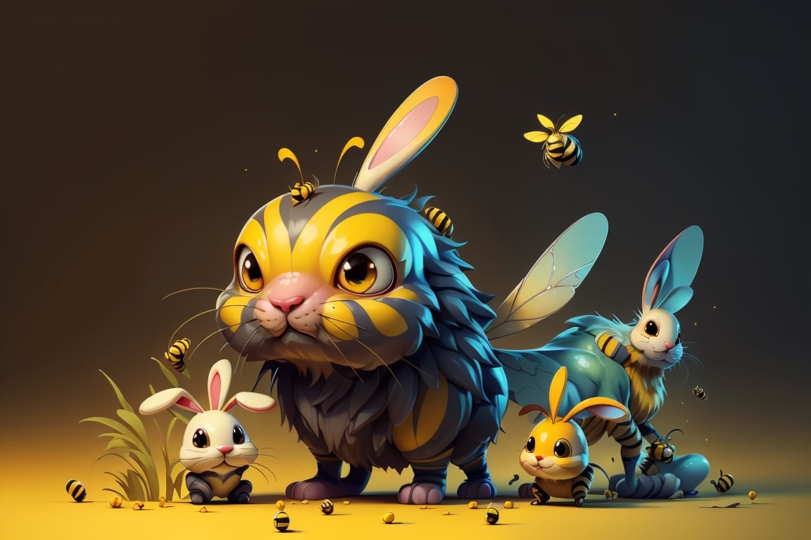 Imagine a creature that combines the delicate beauty of a bee with the cuteness of a bunny. Its wings are made of shimmering chitin, and its body is adorned with bold yellow and black stripes. It flits through a surreal landscape, reminiscent of Tim Burton's twisted imagination, with Blowballs that seem to be straight out of a dream. (yellow black stripes:1.4), (bunny eas and bee transparent chitin wings:1.4), (photo HDR 8K) ,painting magic,  (splendid environment of tensor art),  perfect contrast,  (correct sharp photorealistic environment),  (highly detailed bacgroung),  detailed,  (masterpiece,  best quality:1.3) Animal,  chuppy_fat:2,  looking viewer,  (Ultrasharp,  8k,  detailed,  ink art,  stunning,  vray tracing,  style raw,  unreal engine),  High detailed , Color magic,  Saturated colors,  game icon