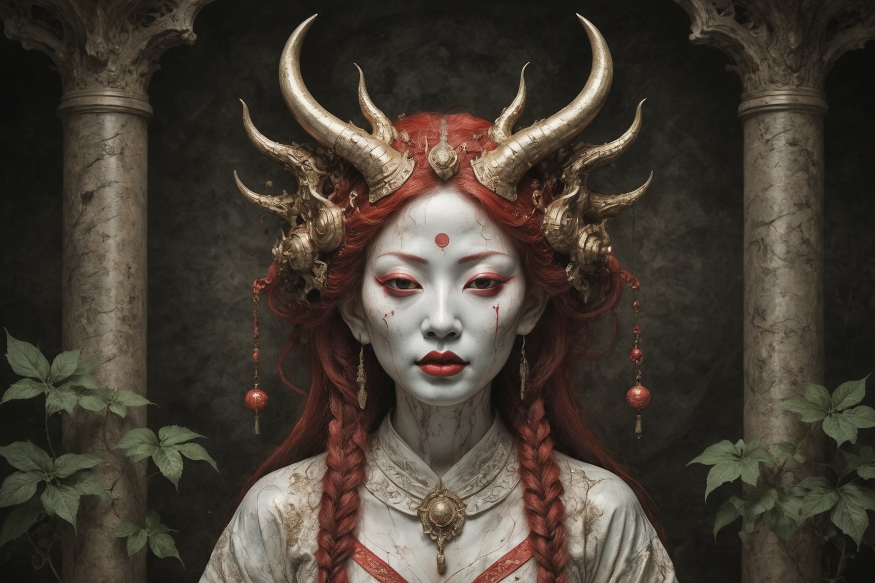 symmetrical portrait of surreal abandoned sculpture of white japanese female stunning sensual Tengu (with a splashing coloration of Alberto Seveso and Basil Gogos), ((Wild crazy long fire red hair)), dream - like heavy mysterious atmosphere,in an abandoned japanese overgrown shrine, perfect composition,beautiful detailed intricate insanely detailed octane,unreal engine 5,8k artistic photography,photo realistic,soft natural volumetric cinematic perfect light,chiaroscuro,award - winning photography, (((tsutomu nihei, Bastien Lecouffe Deharme,  iris van herpen and Ayami Kojima))), art forms of nature by ernst haeckel,  art nouveau,  symbolist,  Kinetic Art,  visionary,  gothic,  (((ancient japanese mythical being, crying Tengu with horns:1.4))),  neo - gothic,  pre - raphaelite,  fractal lace, intricate mythical botanical,  ai biodiversity,  surrealism,  hyper detailed ultra sharp octane render,  (Audrey Kawasaki,  Anna Dittmann:1.4),  known for their captivating and atmospheric pieces. The overall effect of the image is ethereal,  as if the woman is enveloped in glowing stardust created expertly by artist W. Zelmer. The image is of exceptional quality,  showcasing the fine details and masterful blending of colors, folklore, ,on parchment, Chinese Ghost Story, ((luminescence, iridescent effect))