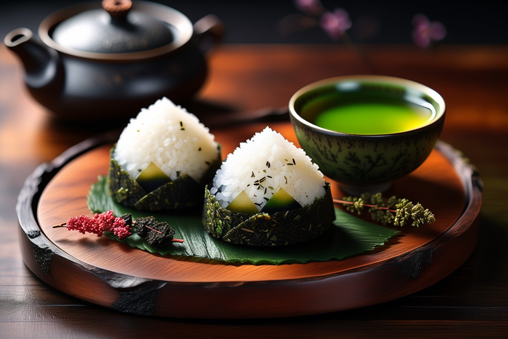 Imagine a chibi kawaii cute onigiri art like (Jean Baptiste Monge) (shimmering rice onigiri with triangular shape and nori seaweed sheet:1.4), its smooth surface, its huge cute eyes perked up in curiosity at it is placed on a crafted wooden tray with sakura leaves and a steaming hot japanese cup of green tea (autumn feel, japanese tea ceremony, cup of steaming hot Sencha green tea:1.4), ((artfully arranged with a colorful range of Wagashi and Wasanbon traditional japanese tea sweets)), (photo HDR 8K) ,painting magic,  (splendid environment of tensor art),  perfect contrast,  (correct sharp photorealistic environment),  (highly detailed background),  detailed,  (masterpiece,  best quality:1.3) chuppy_fat:2,  looking viewer,  (Ultrasharp,  8k,  detailed,  ink art,  stunning,  vray tracing,  style raw,  unreal engine),  High detailed , Color magic,  Saturated colors,