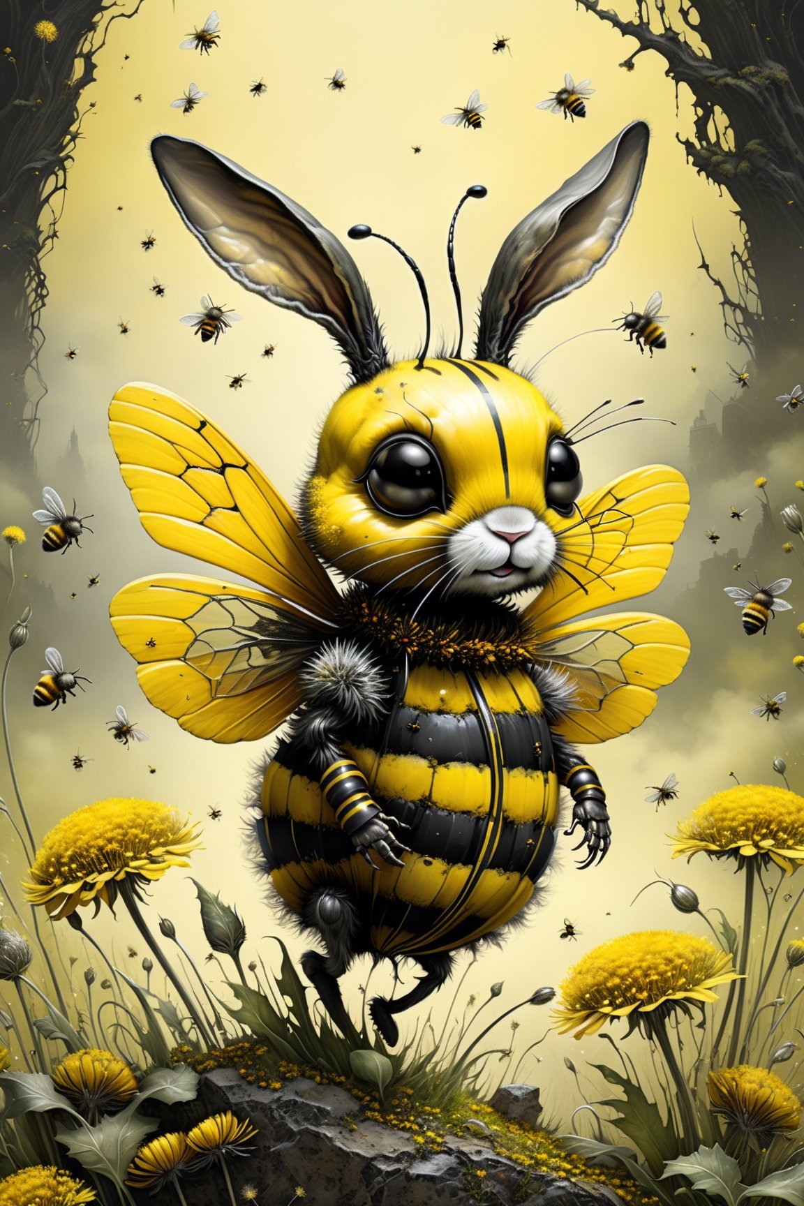  a creature that combines the delicate beauty of a bee with the cuteness of a bunny and a zombie (style of Jean Baptiste Monge). Its wings are made of shimmering chitin,  and its body is adorned with bold yellow and black stripes. It is flying through a surreal landscape,  reminiscent of Tim Burton's twisted imagination,  with Blowballs (dandelion blowballs:1.4) that seem to be straight out of a dream. (yellow black stripes:1.4),  (bunny eas and bee transparent chitin wings:1.4),  (photo HDR 8K) , painting magic,  (splendid environment of tensor art),  perfect contrast,  (correct sharp photorealistic environment),  (highly detailed bacgroung),  detailed,  (masterpiece,  best quality:1.3) chuppy_fat:2,  looking viewer,  (Ultrasharp,  8k,  detailed,  ink art,  stunning,  vray tracing,  style raw,  unreal engine),  High detailed,  Color magic,  Saturated colors,  game icon,