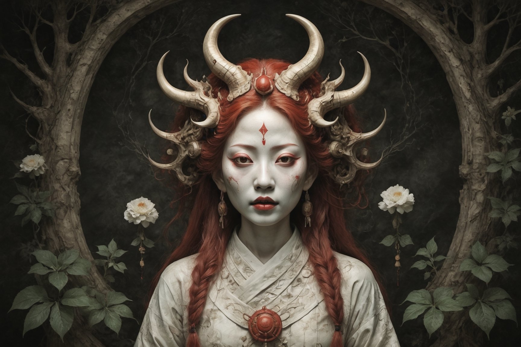 symmetrical portrait of surreal abandoned sculpture of white japanese female stunning sensual Tengu (with a splashing coloration of Alberto Seveso and Basil Gogos), ((Wild crazy long fire red hair)), dream - like heavy mysterious atmosphere,in an abandoned japanese overgrown shrine, perfect composition,beautiful detailed intricate insanely detailed octane,unreal engine 5,8k artistic photography,photo realistic,soft natural volumetric cinematic perfect light,chiaroscuro,award - winning photography, (((tsutomu nihei, Bastien Lecouffe Deharme,  iris van herpen and Ayami Kojima))), art forms of nature by ernst haeckel,  art nouveau,  symbolist,  Kinetic Art,  visionary,  gothic,  (((ancient japanese mythical being, Tengu with horns:1.4))),  neo - gothic,  pre - raphaelite,  fractal lace, intricate mythical botanical,  ai biodiversity,  surrealism,  hyper detailed ultra sharp octane render,  (Audrey Kawasaki,  Anna Dittmann:1.4),  known for their captivating and atmospheric pieces. The overall effect of the image is ethereal,  as if the woman is enveloped in glowing stardust created expertly by artist W. Zelmer. The image is of exceptional quality,  showcasing the fine details and masterful blending of colors, folklore, ,on parchment, Chinese Ghost Story, ((luminescence, iridescent effect))