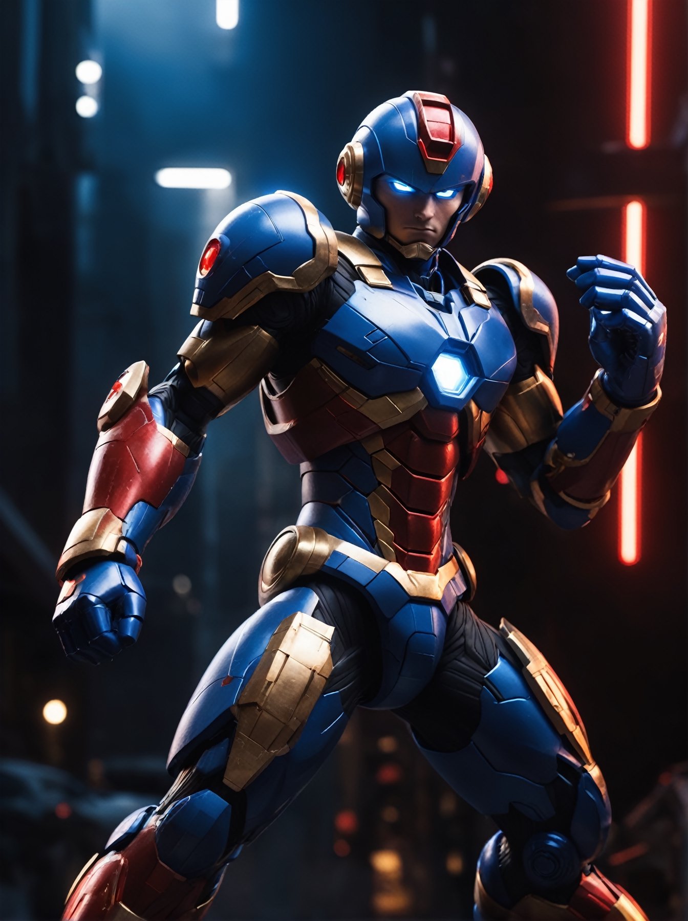 candid 16k photo of Mega Man X dashing in to save the day, his armor is blue and grey with red lights plus white and gold details dramatic lighting, cinematic colors, cinema quality, aw0k magnstyle